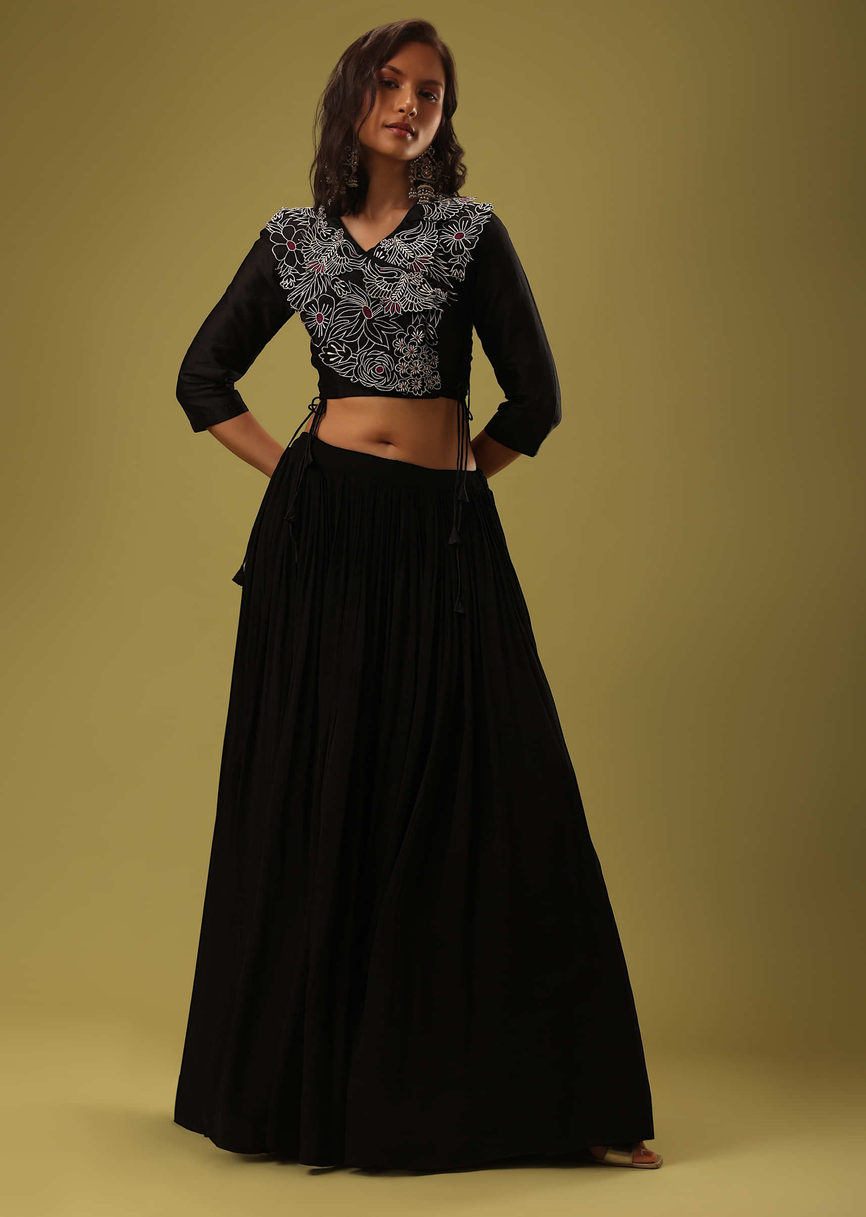 Buy Black Cotton Embroidered Readymade Navratri Crop Top With Lehenga Online