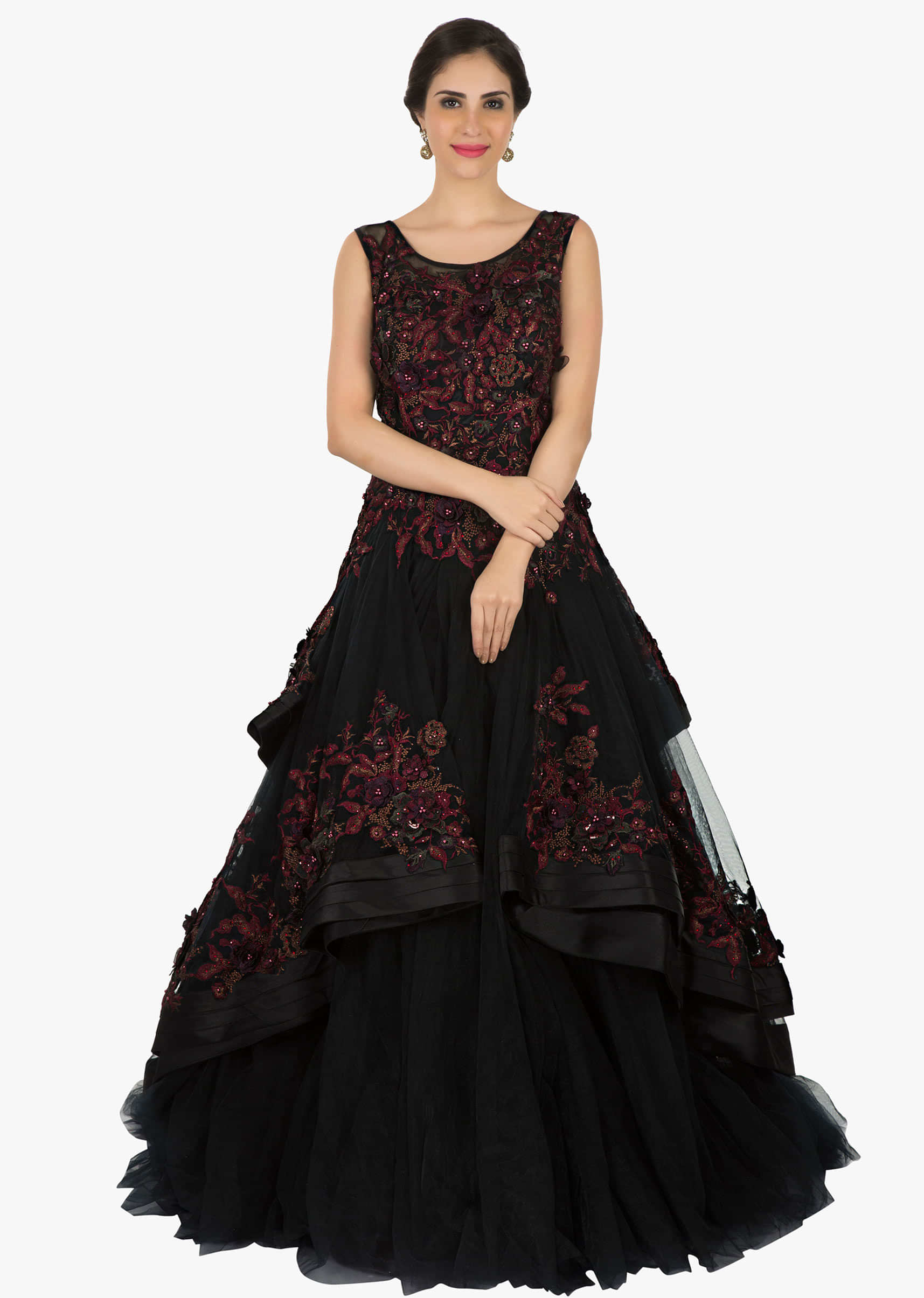 Black gown in net beautified with resham and 3D flowers only on Kalki