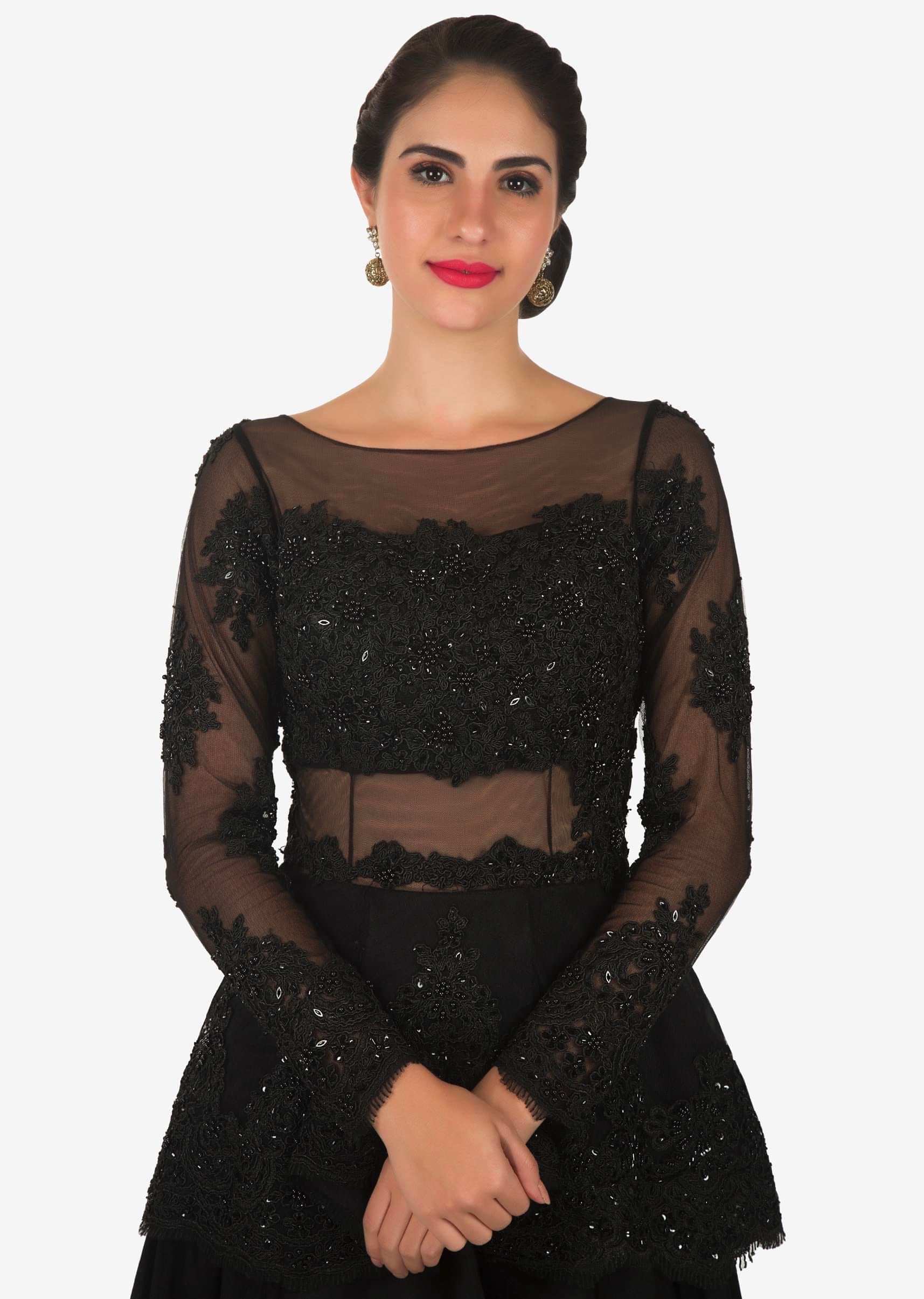 Black gown in net enhanced in embroidered pleated neckline only on Kalki