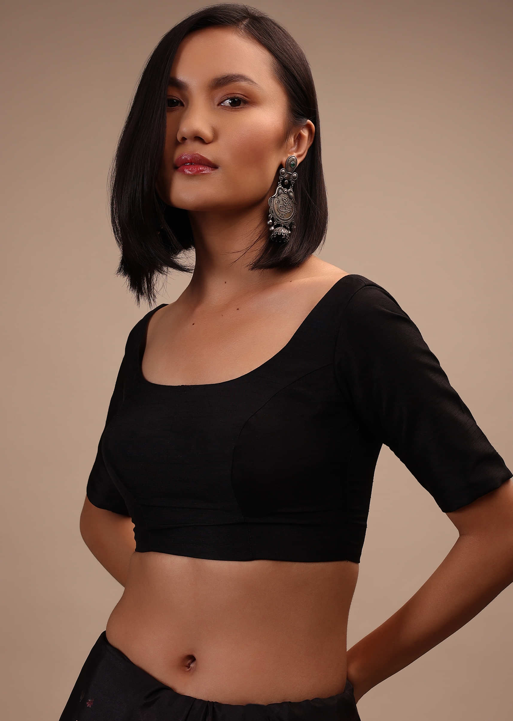 Black Half-Sleeveless Blouse In Scallop Neckline Raw Silk With Back Hook Closure.Padded With A Straight  Hemline