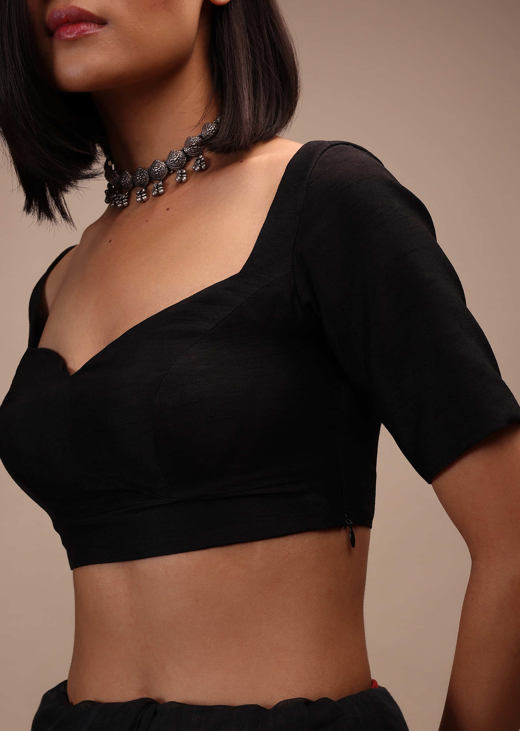 Buy Black Half Sleeves Blouse Ina Sweetheart Neckline Straight Hemline With  Back Zip Closure