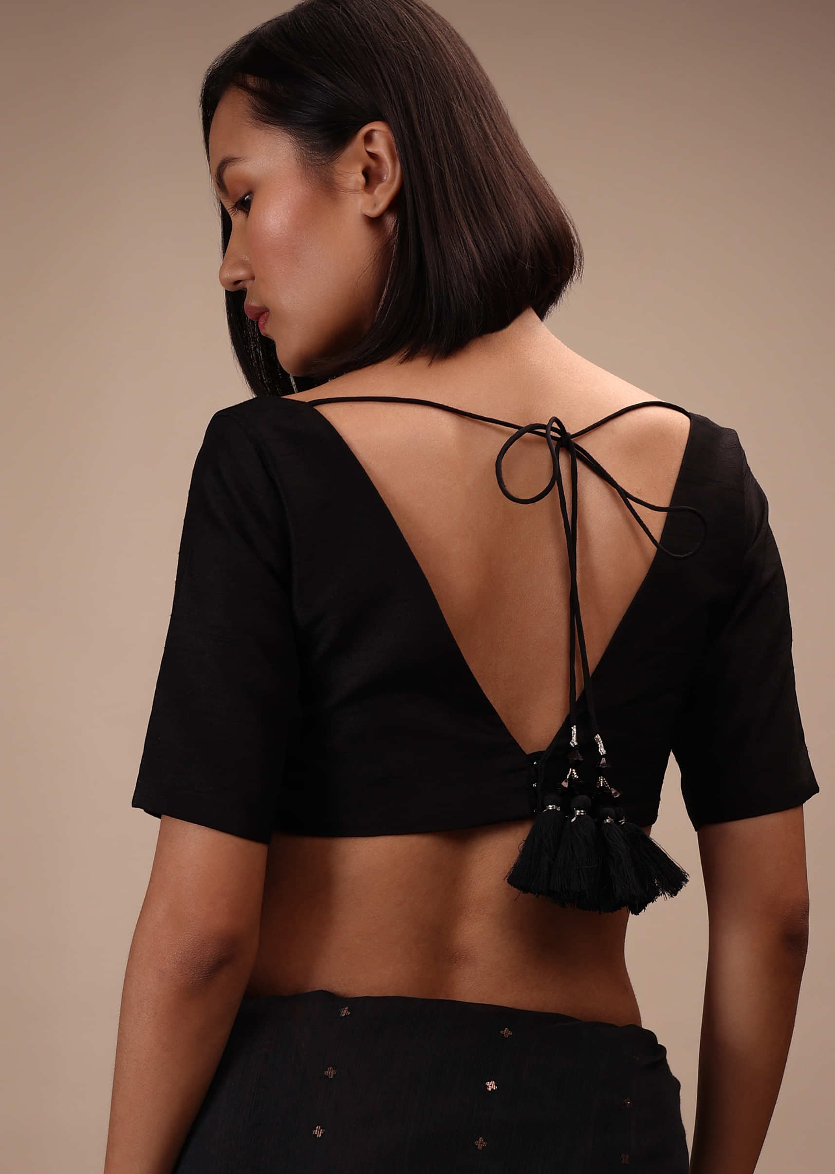 Black Half Sleeves Blouse In Curved V-Neckline Tie-Up Tassel Dori With Back Hook Closure