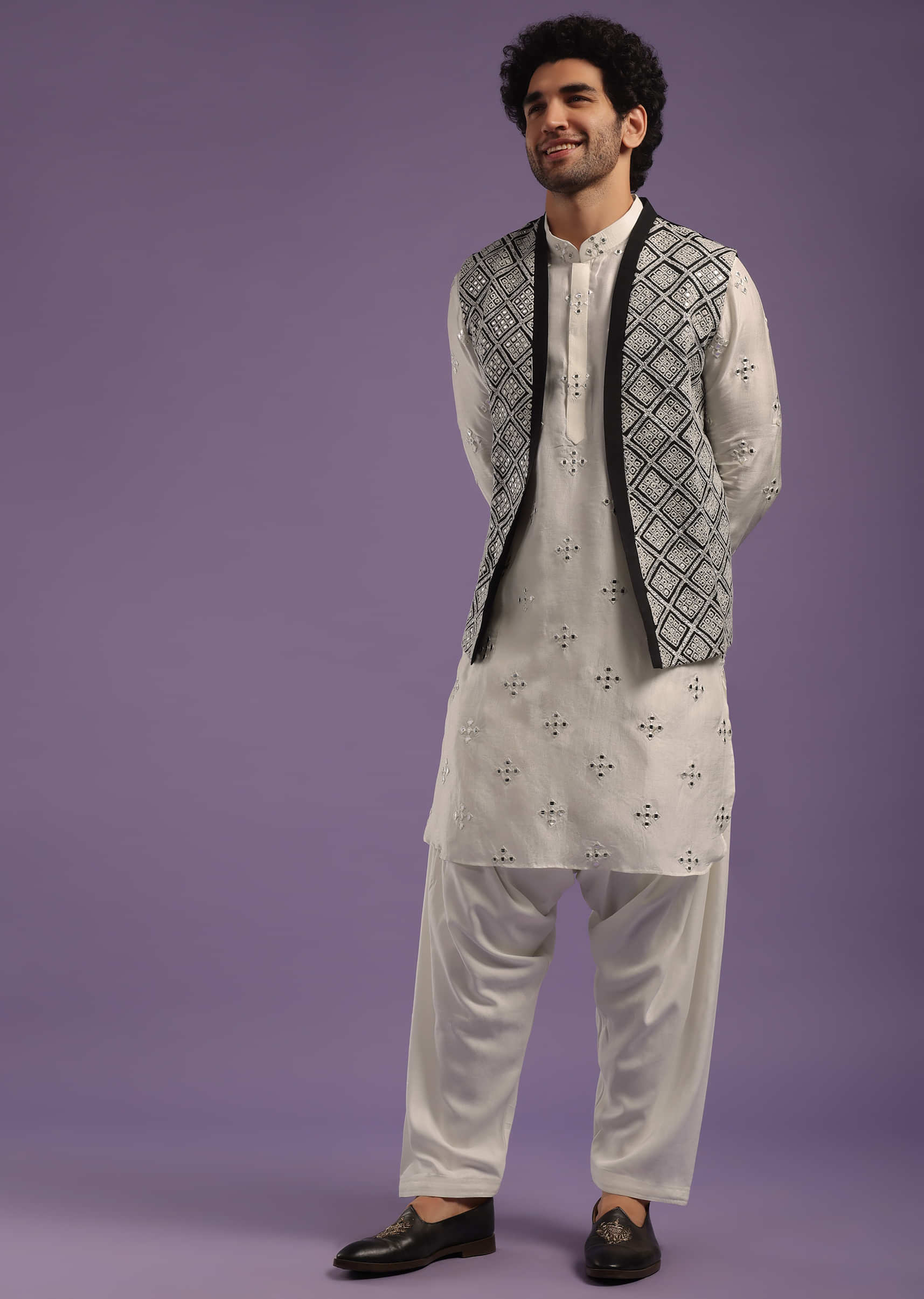 White kurta outlet and black jacket