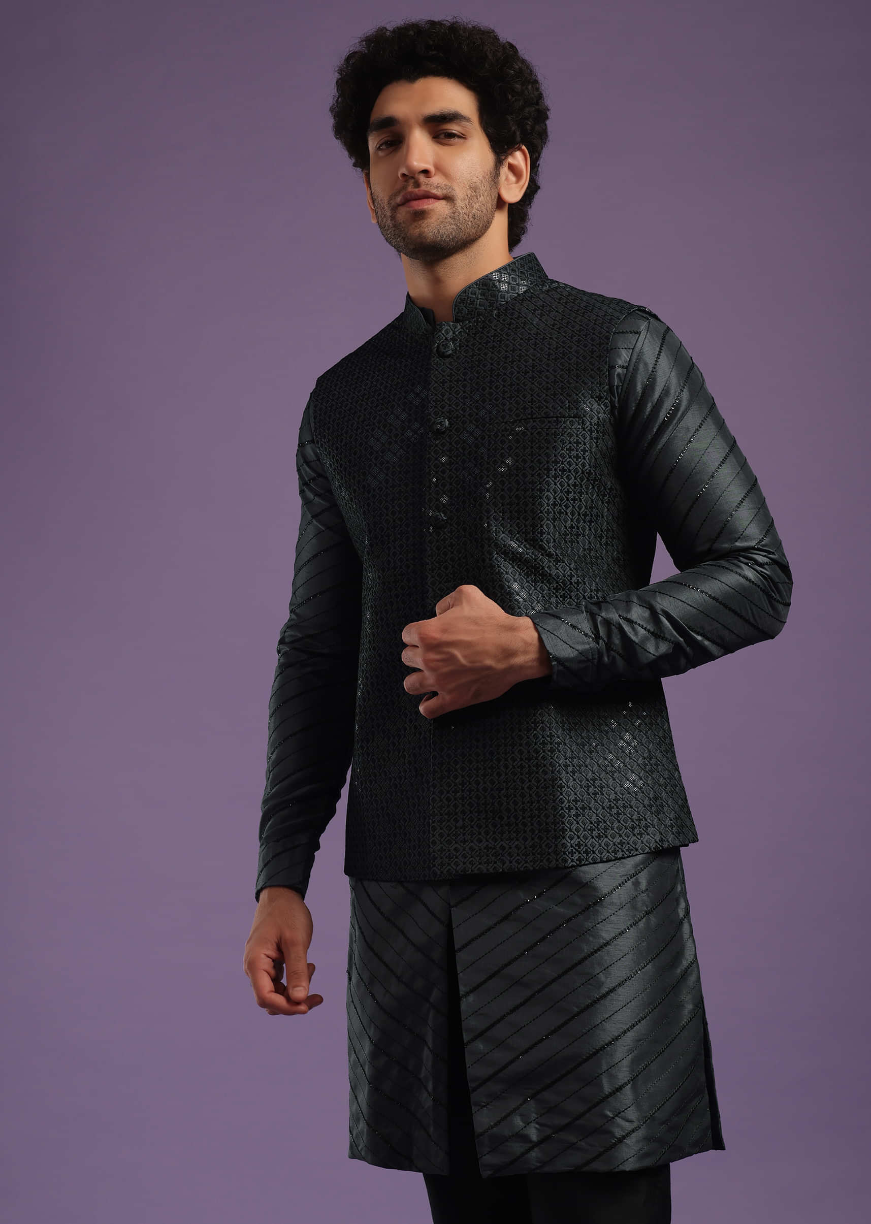 Buy Black Jacket Kurta Set In Cotton Silk With Sequins And Thread Work