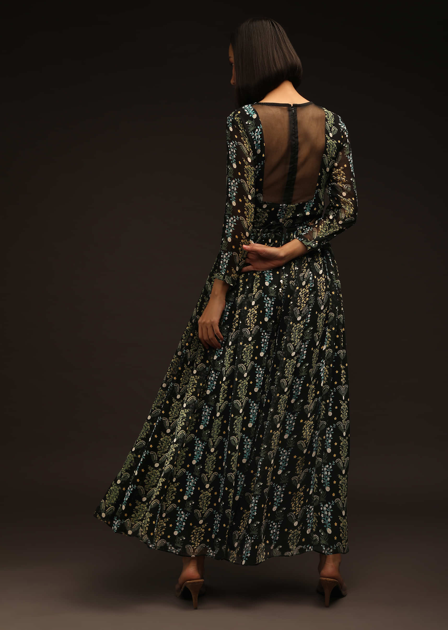 Black Jumpsuit In Georgette With Floral Print And Thread Embroidered Belt