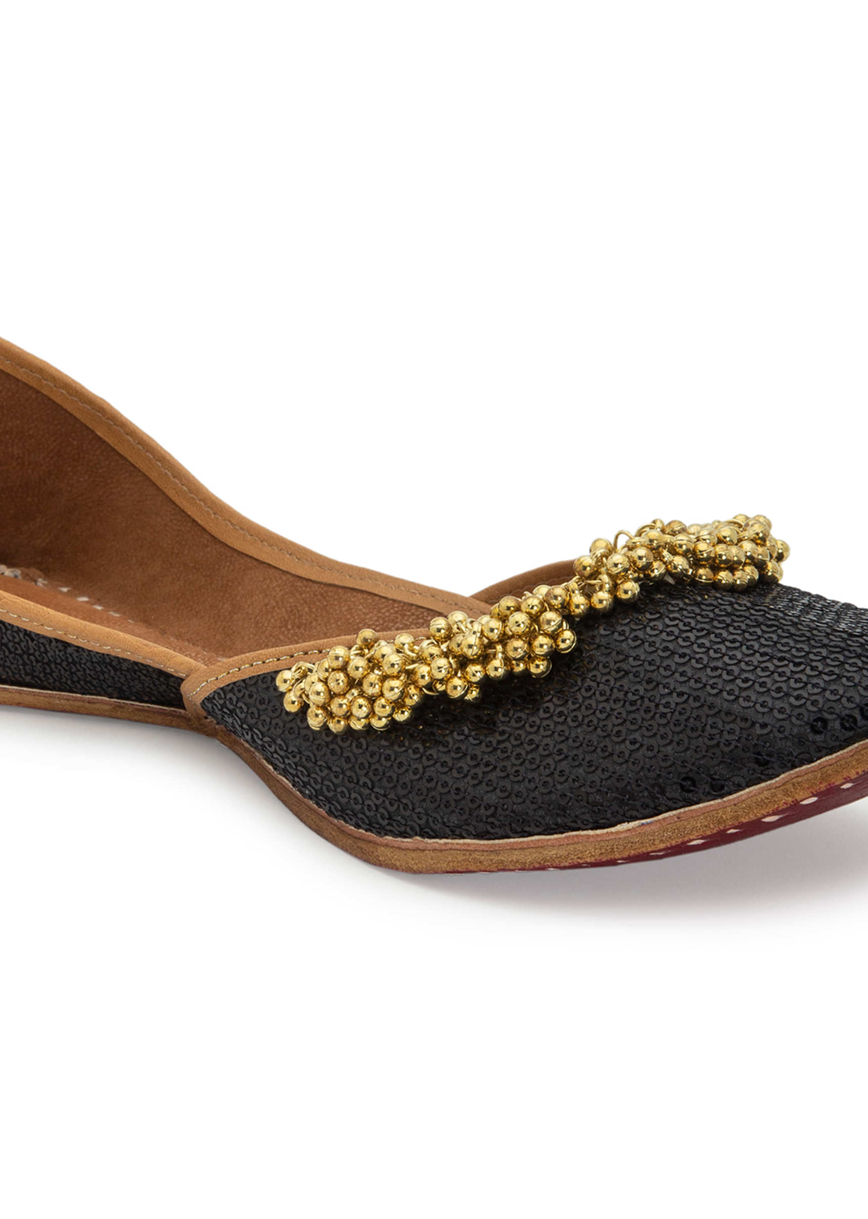 Black Juttis In Silk With Tiny Golden Ghungroos By 5 Elements
