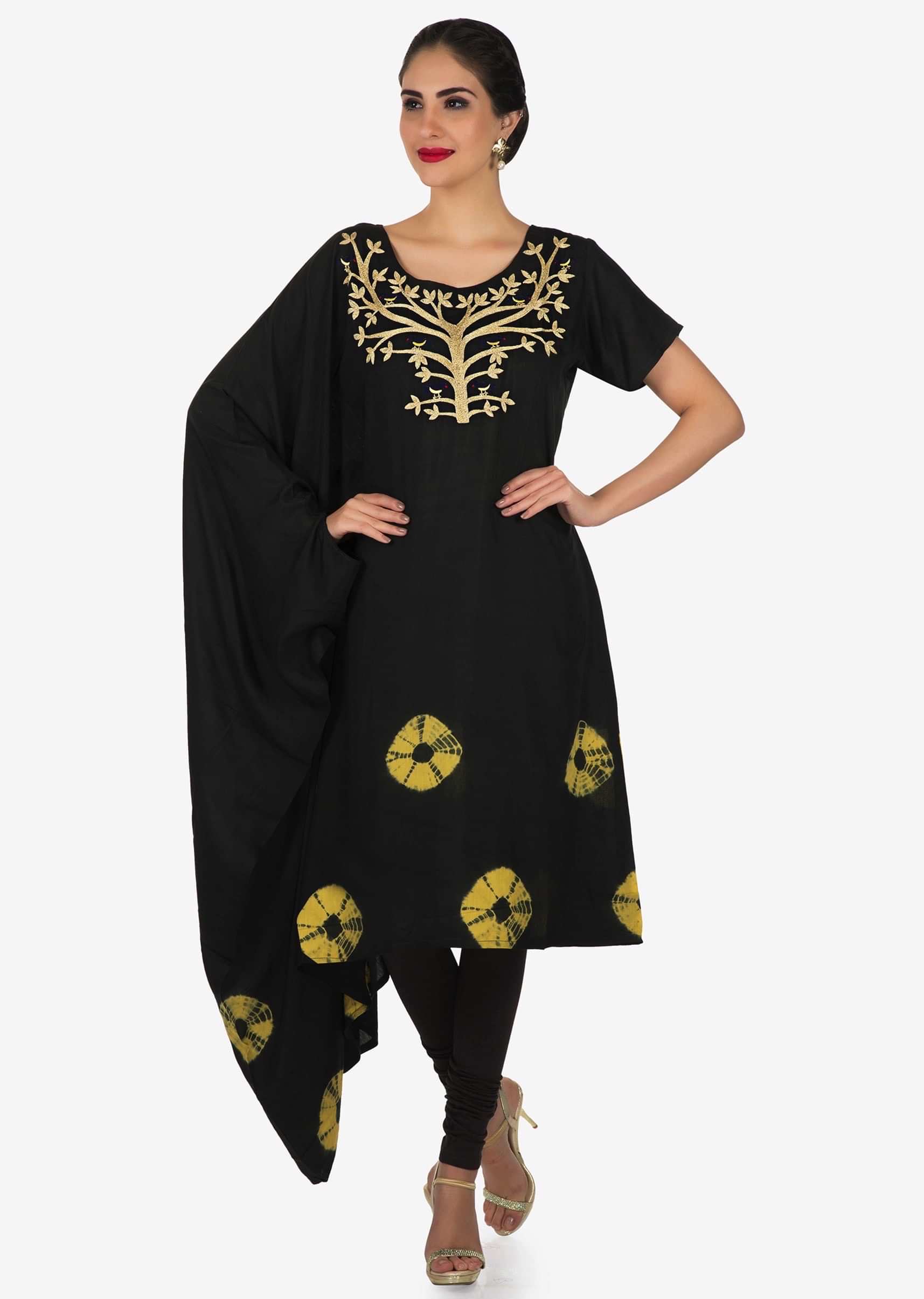Black kurti in cotton with fancy sleeve and bandhani print only on Kalki