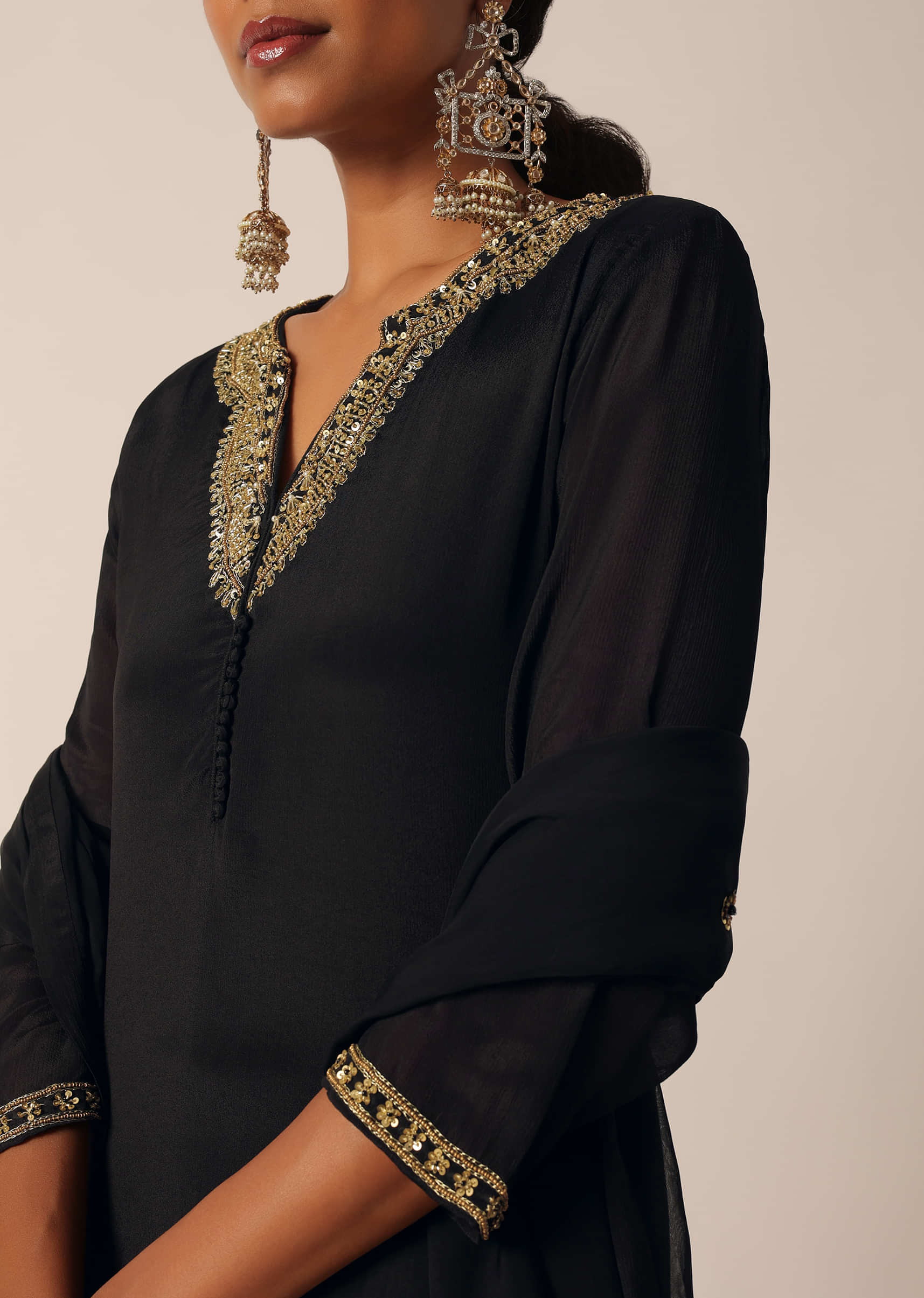 Buy Black Kurti Set In Silk With Sequin Work