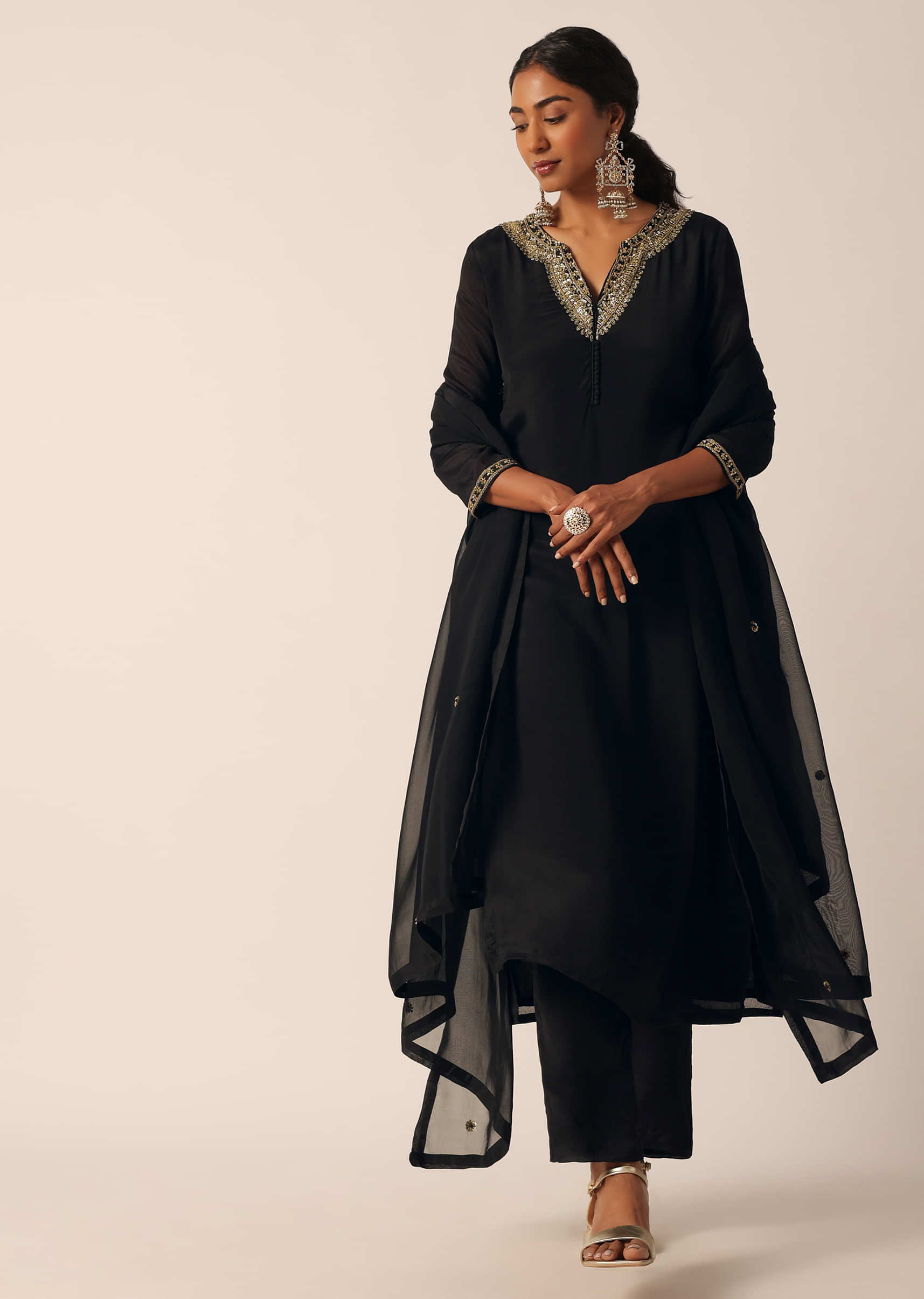 Buy Black Kurti Set In Silk With Sequin Work
