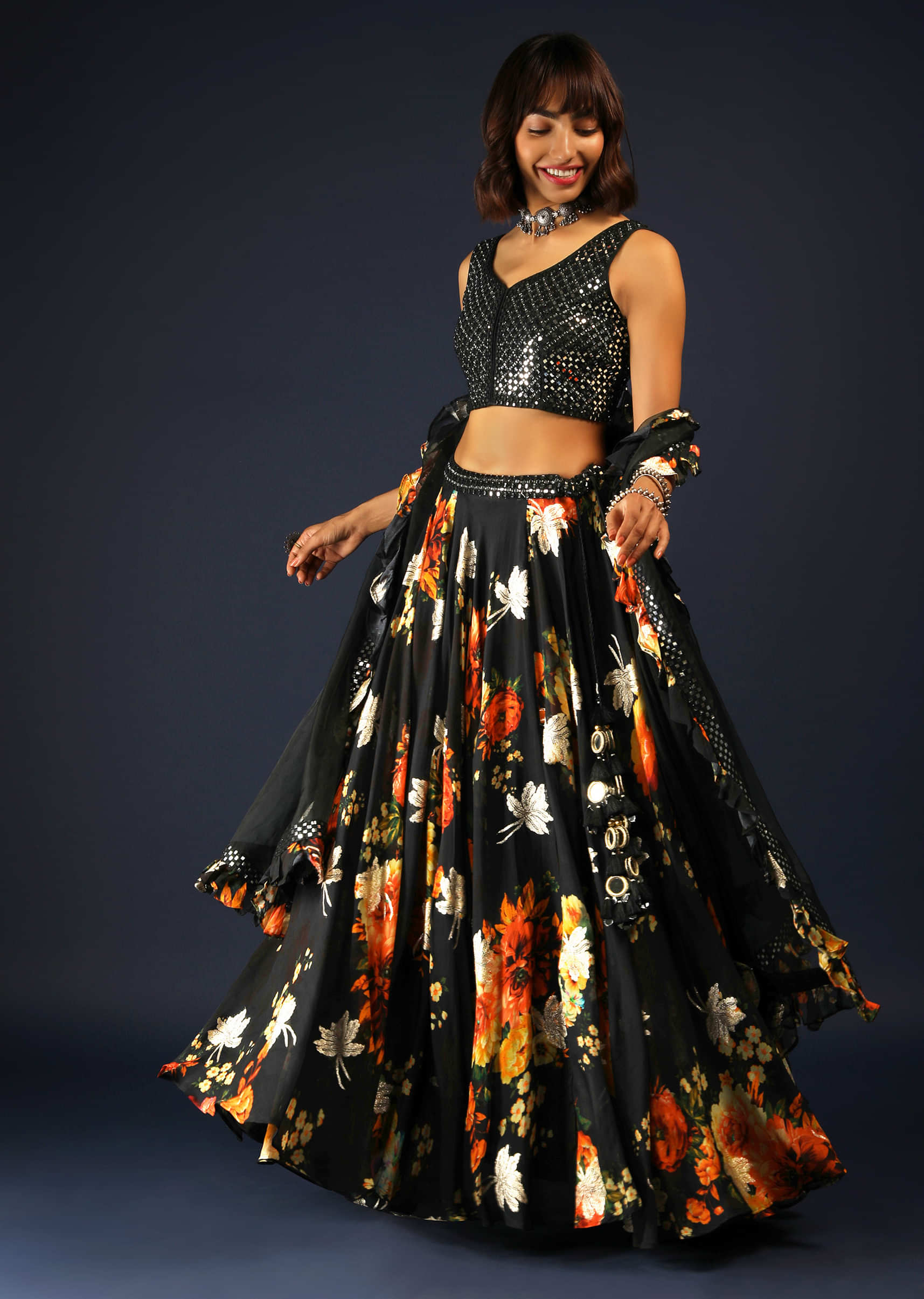 Black Lehenga Choli In Georgette With Floral Print, Woven Motifs And Mirror Abla Embroidery 