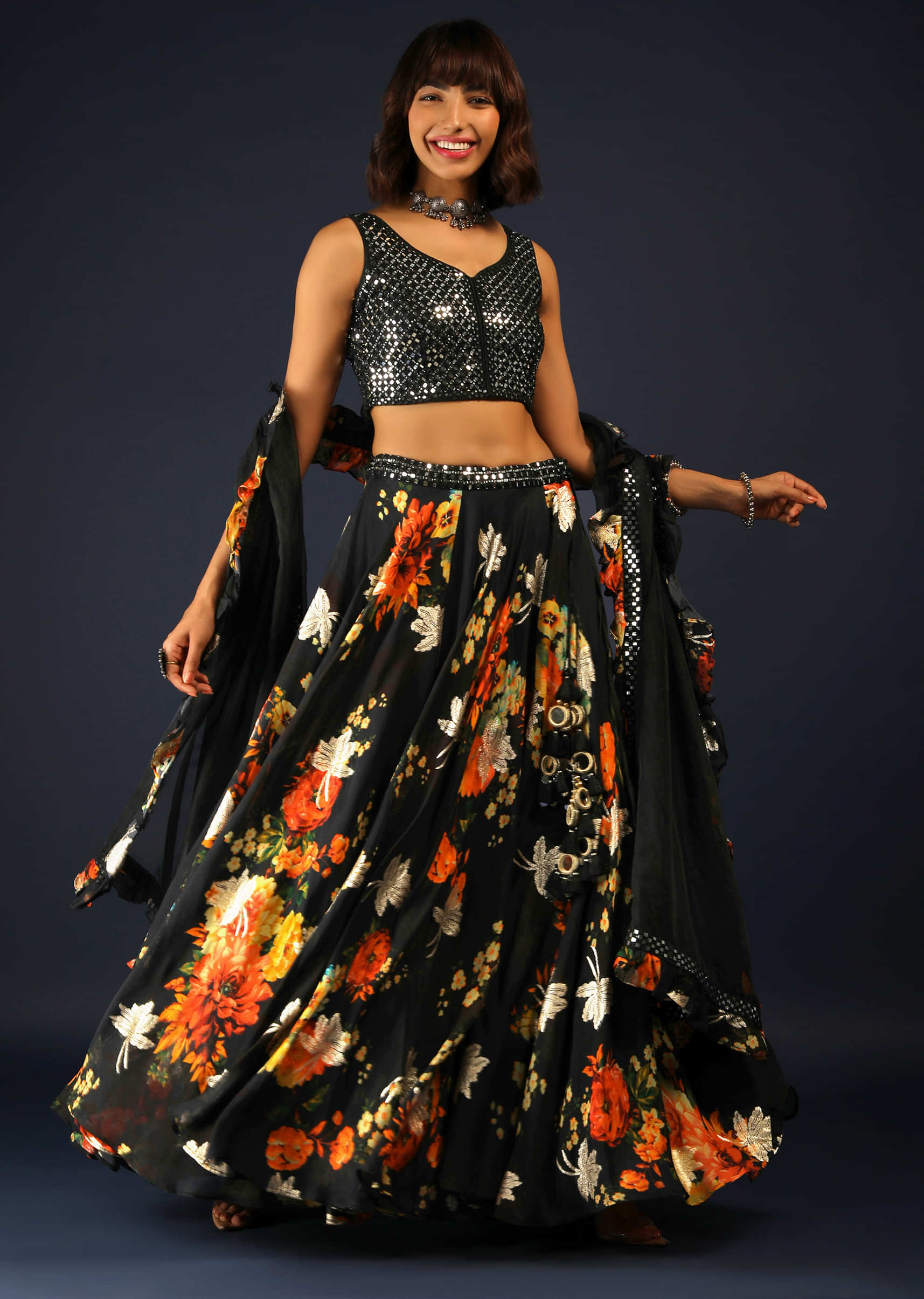 Black Lehenga Choli In Georgette With Floral Print, Woven Motifs And Mirror Abla Embroidery 