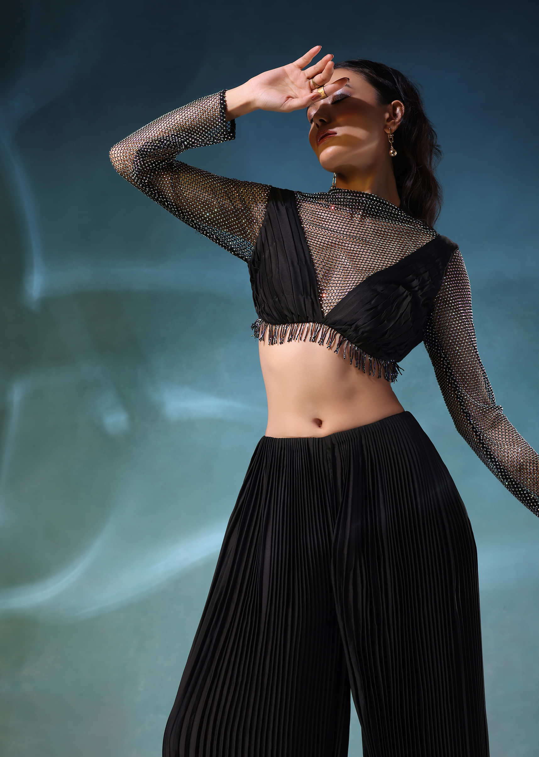 Black Mesh Blouse And Palazzo Set In Satin