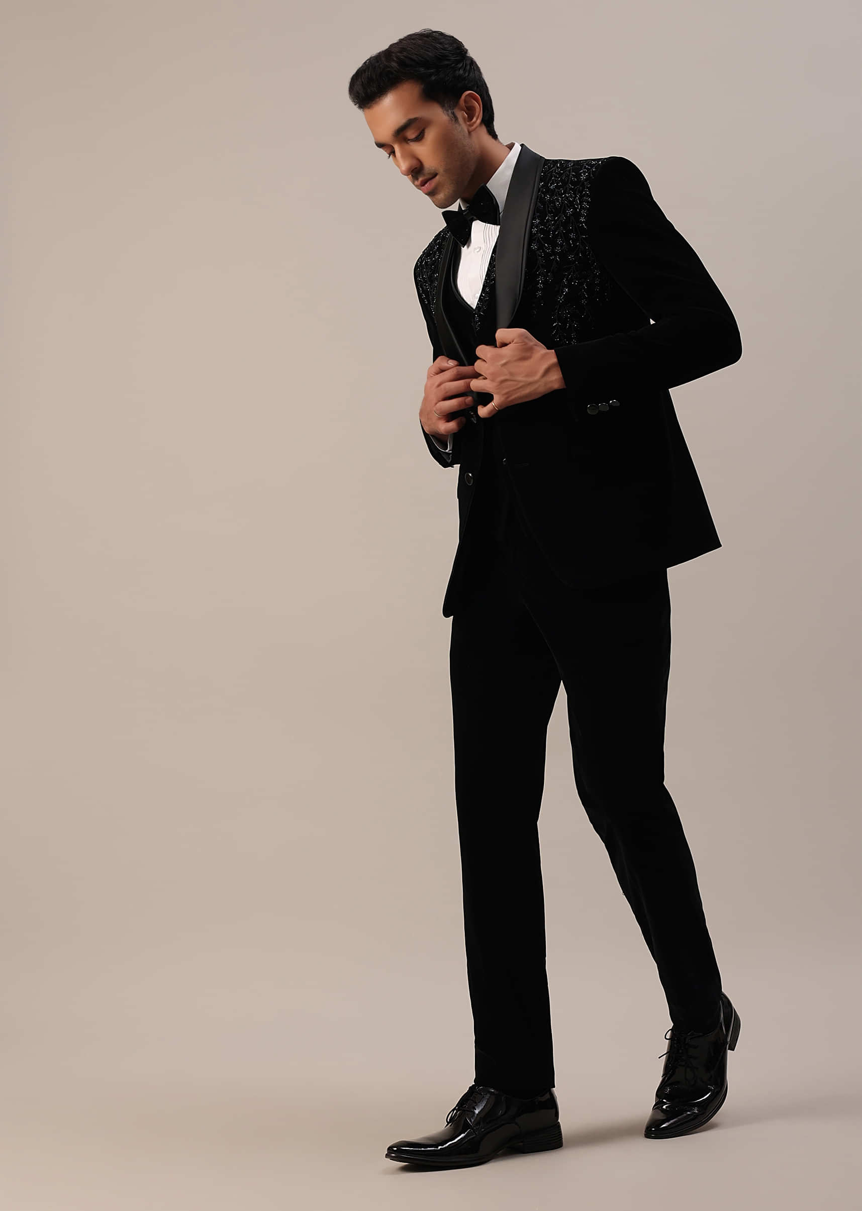 Black Micro Velvet Tuxedo Set With Cut Work Detailing