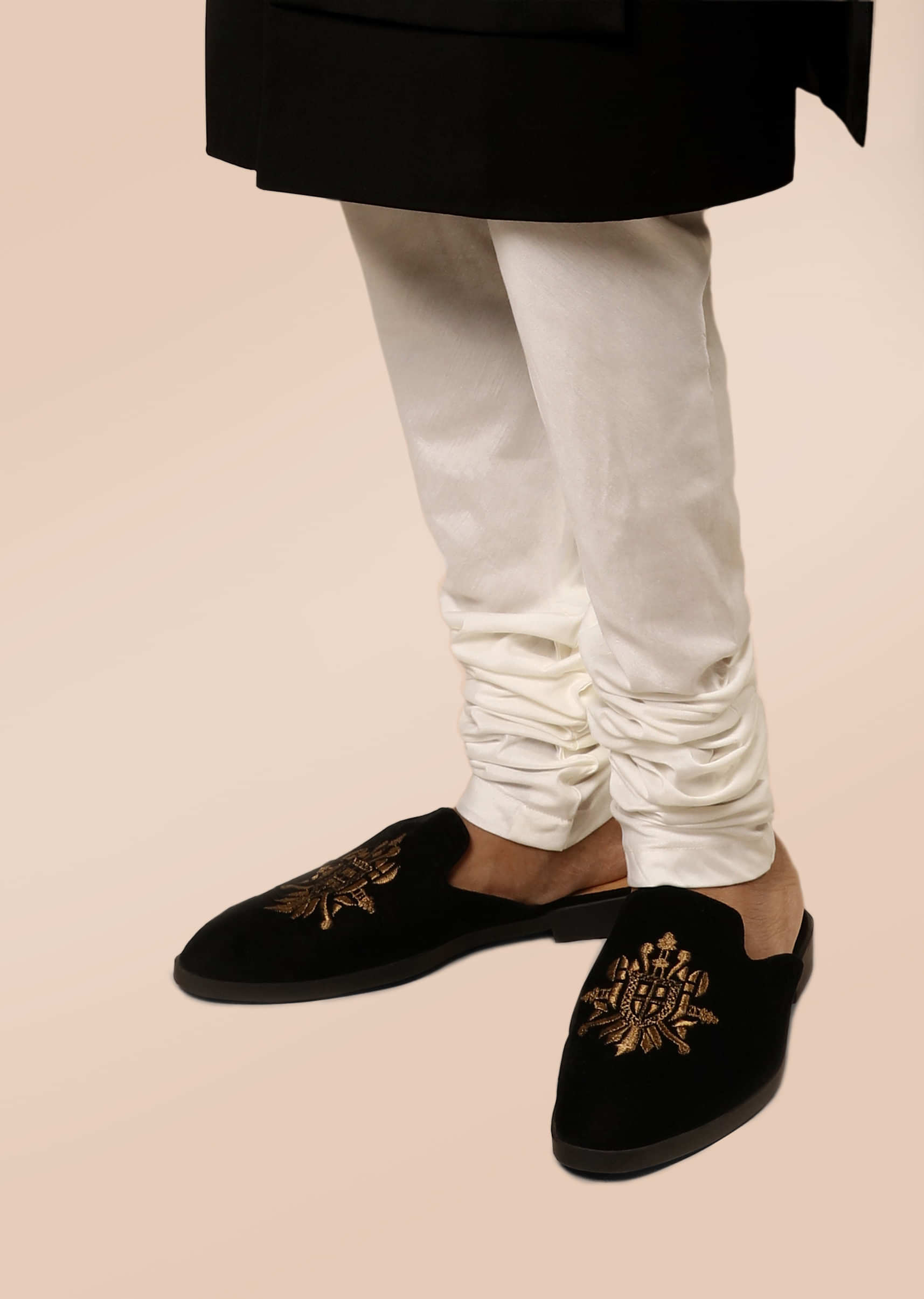 Black Mules In Suede With Zari Embroidered Motif 