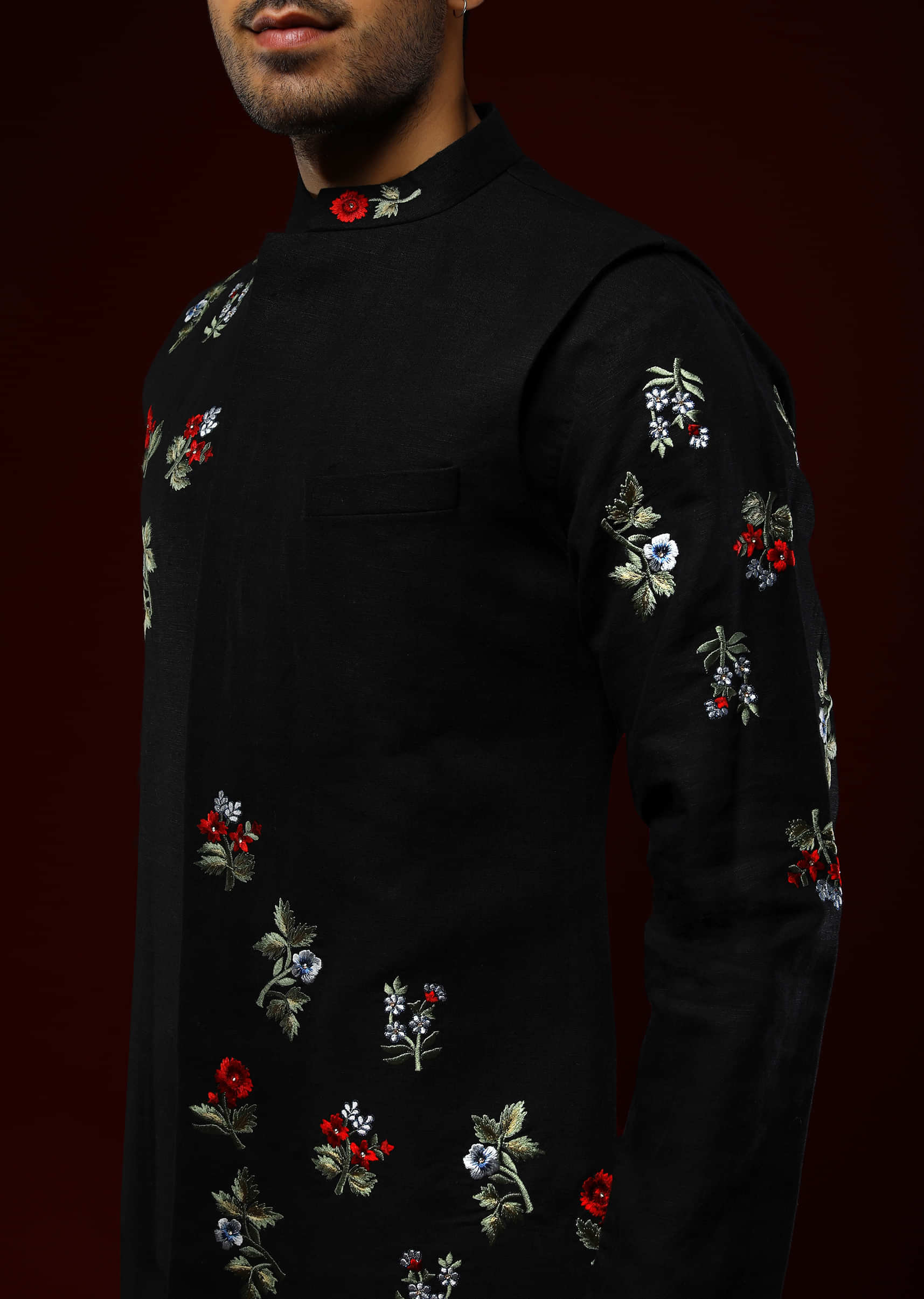 Black Nehru Jacket Set In Linen With Multi Colored Resham Embroidered Floral Motifs