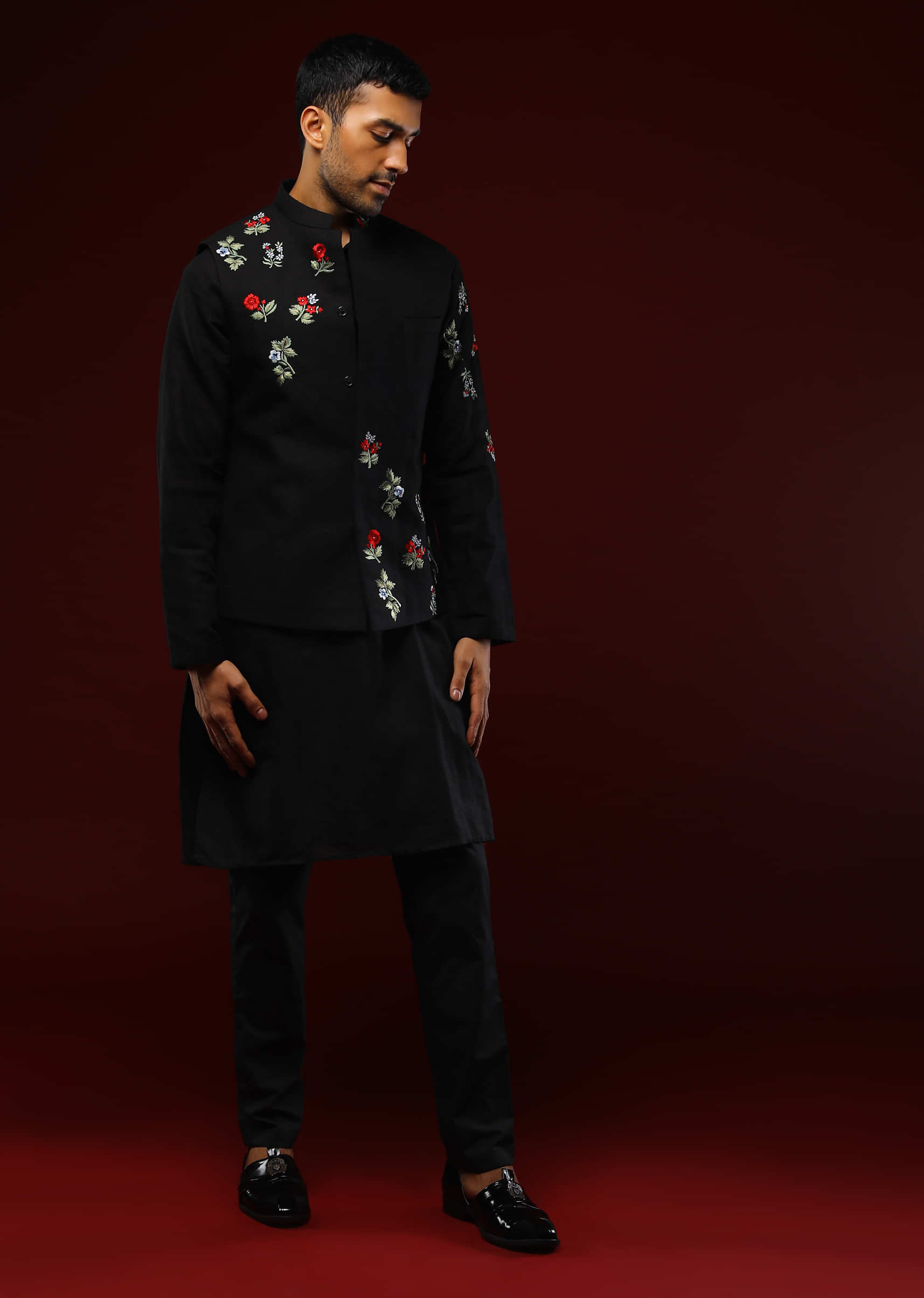 Black Nehru Jacket Set In Linen With Multi Colored Resham Embroidered Floral Motifs