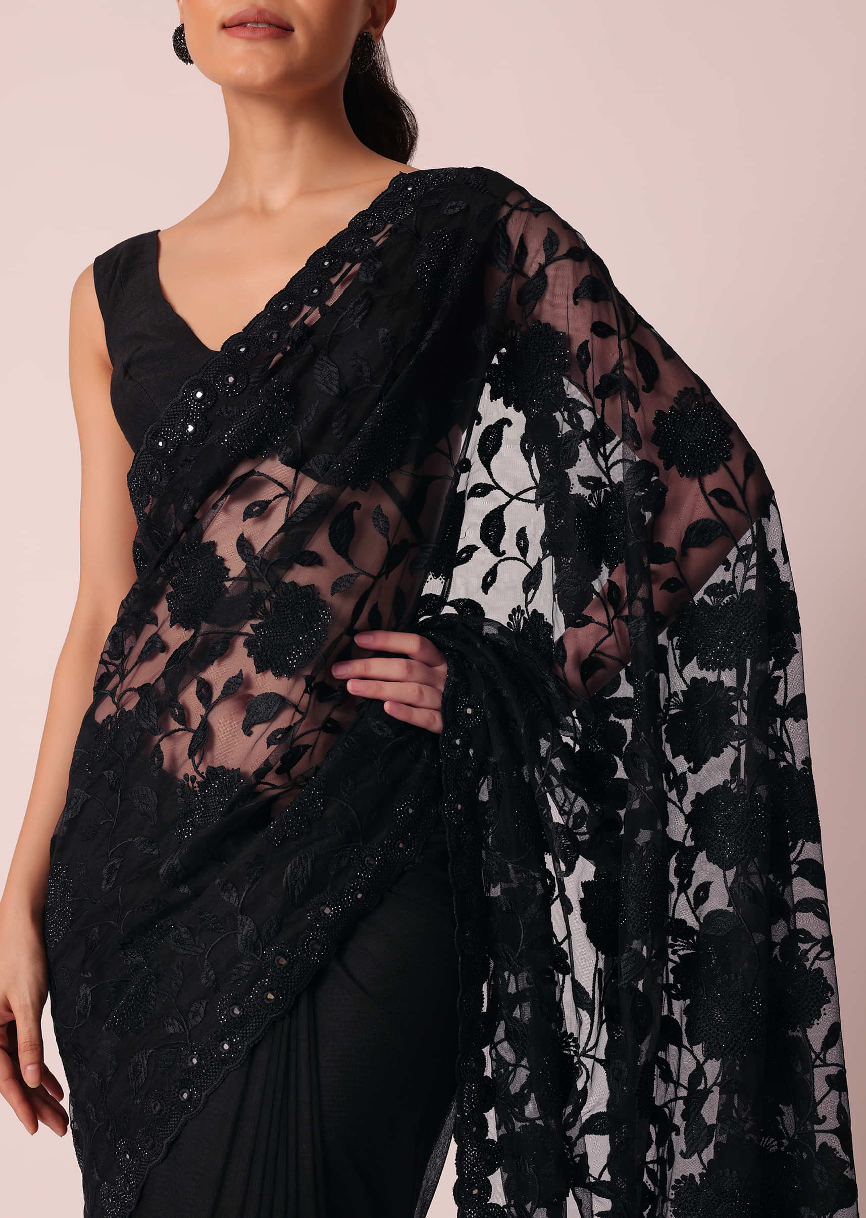 Buy Black Net Saree With Floral Threadwork And Unstitched Blouse Piece
