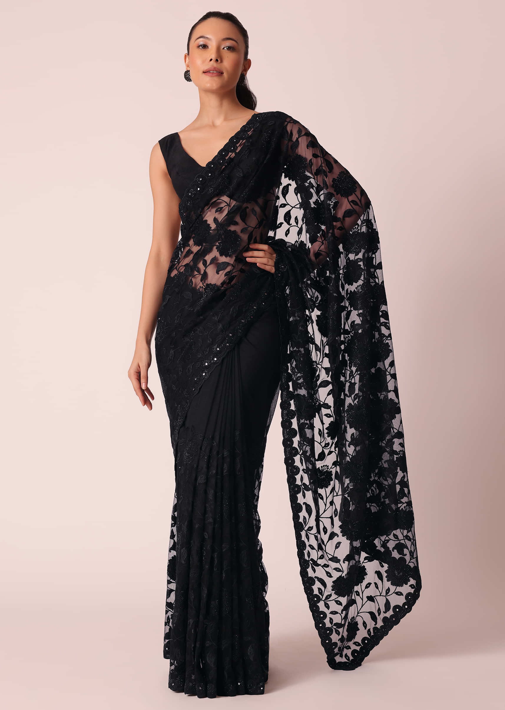 Net Saree in Black with Embroidered