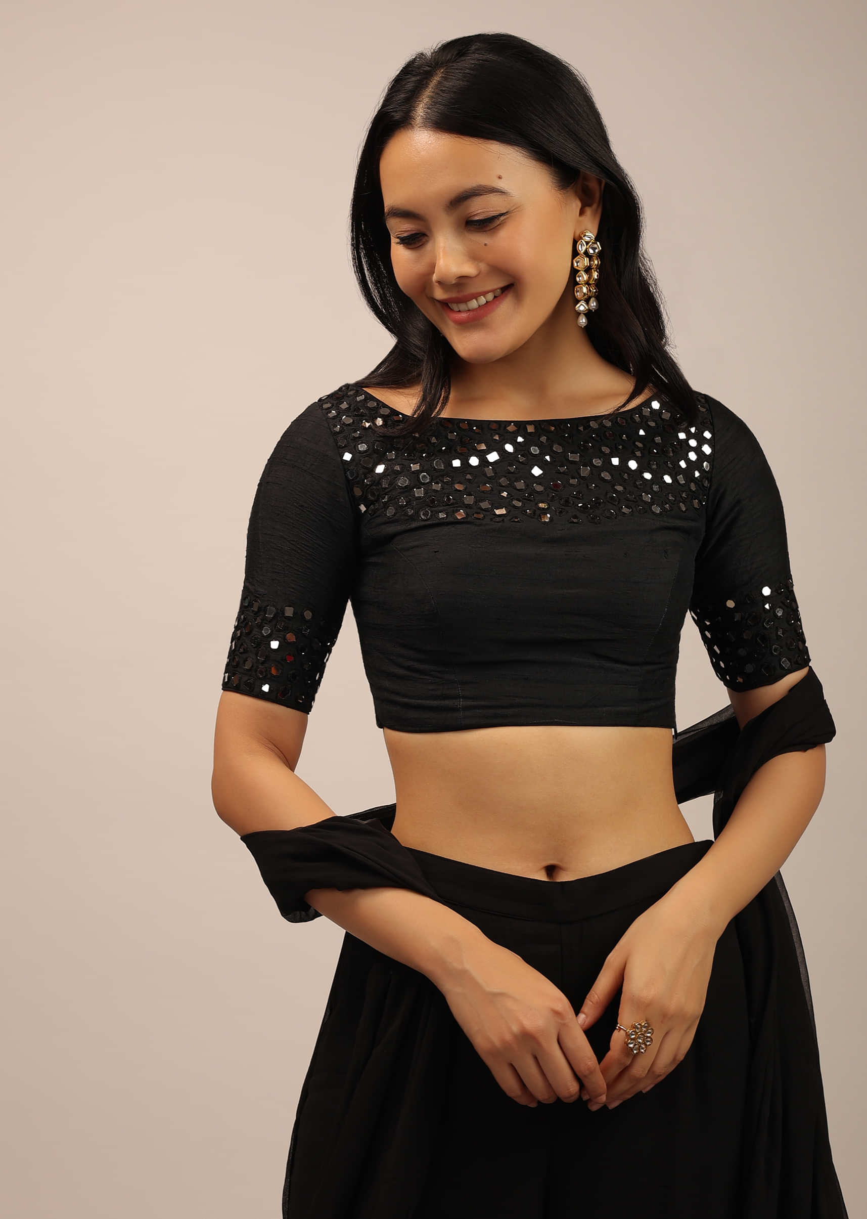 Black Padded Blouse With Mirror Work And Half Sleeves