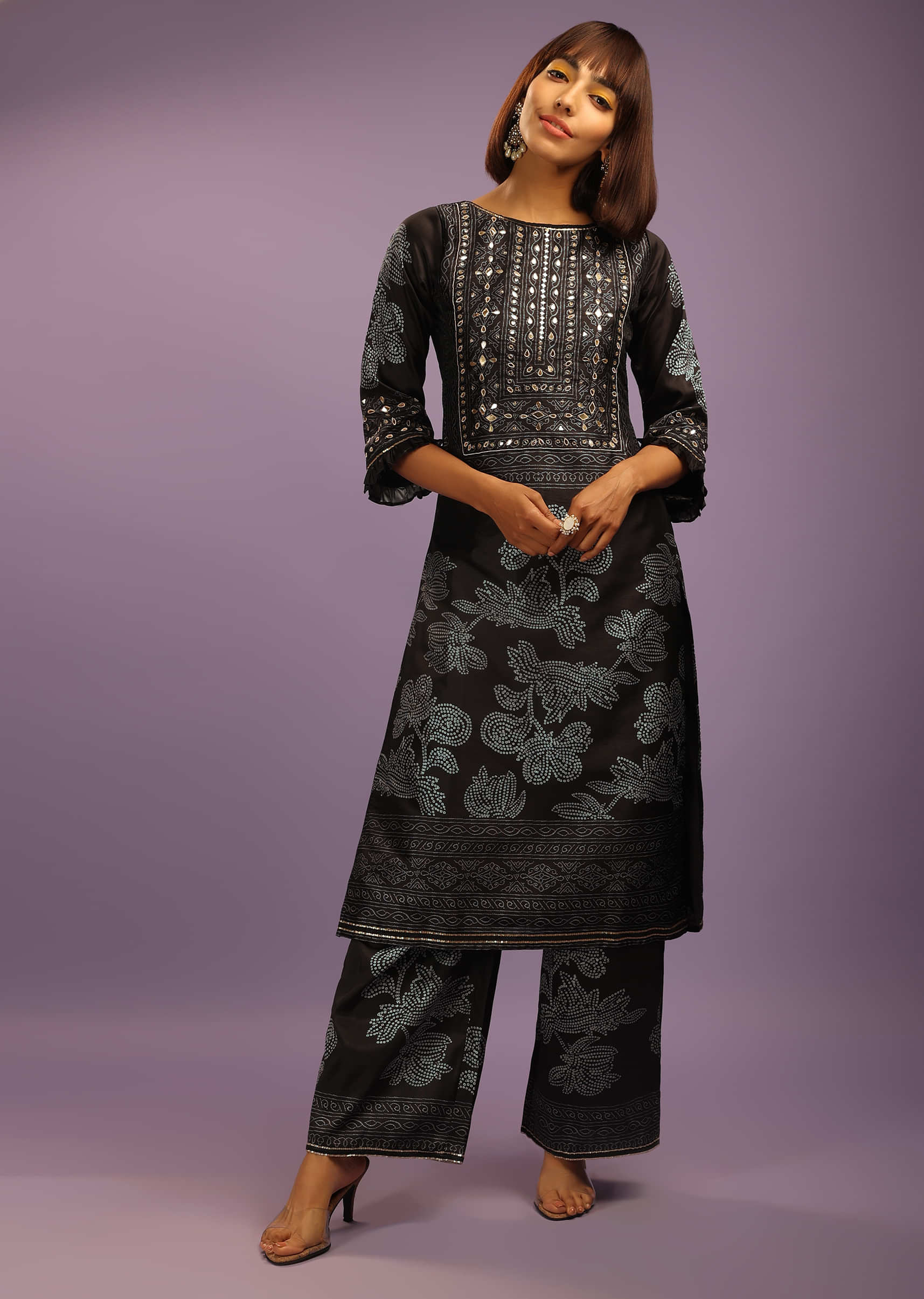 Black Palazzo Suit In Silk With Digital Printed Bandhani Motif And Mirror Work  