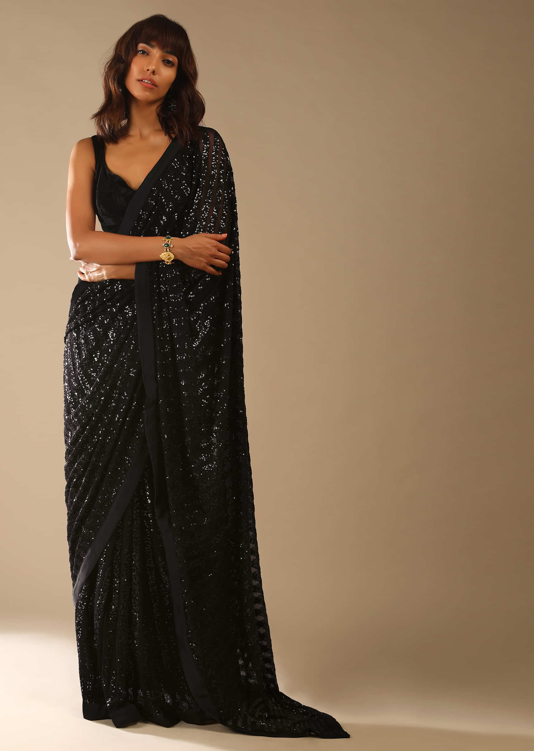 Buy Black Ready Pleated Saree In Striped Sequins Fabric And A Sleeveless  Velvet Blouse With A Front Cut Out Online - Kalki Fashion