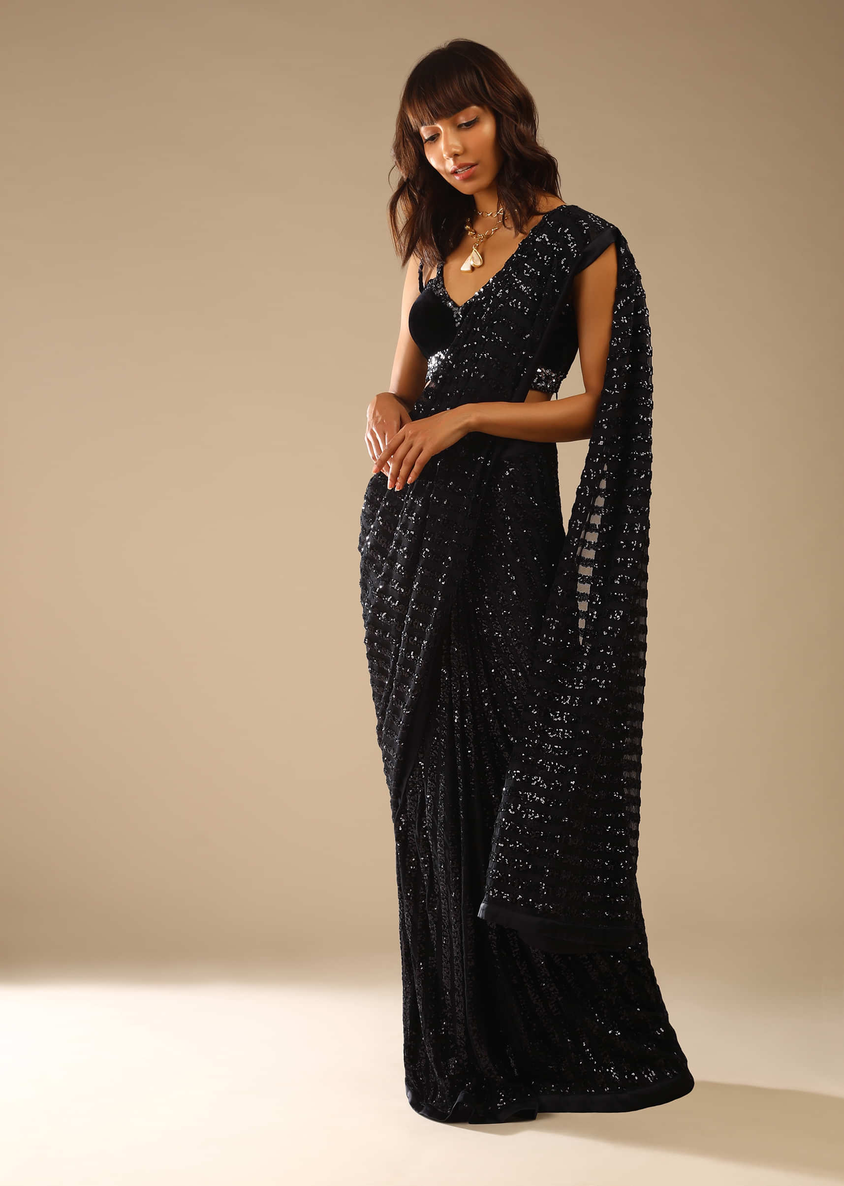 Buy Pleated Black Saree N Belt Style Blouse Festive Wear Online at Best  Price