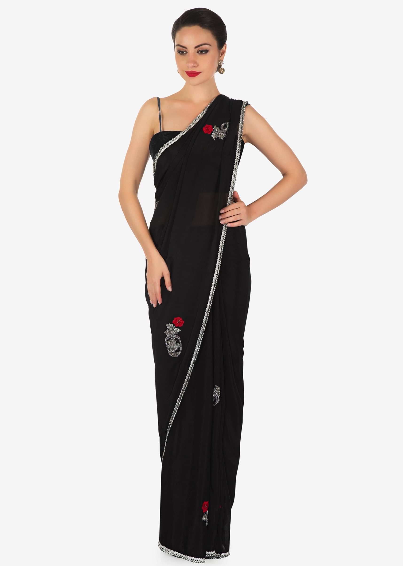 Black saree in chiffon satin with resham and cut dana embroidered butti in rose motif