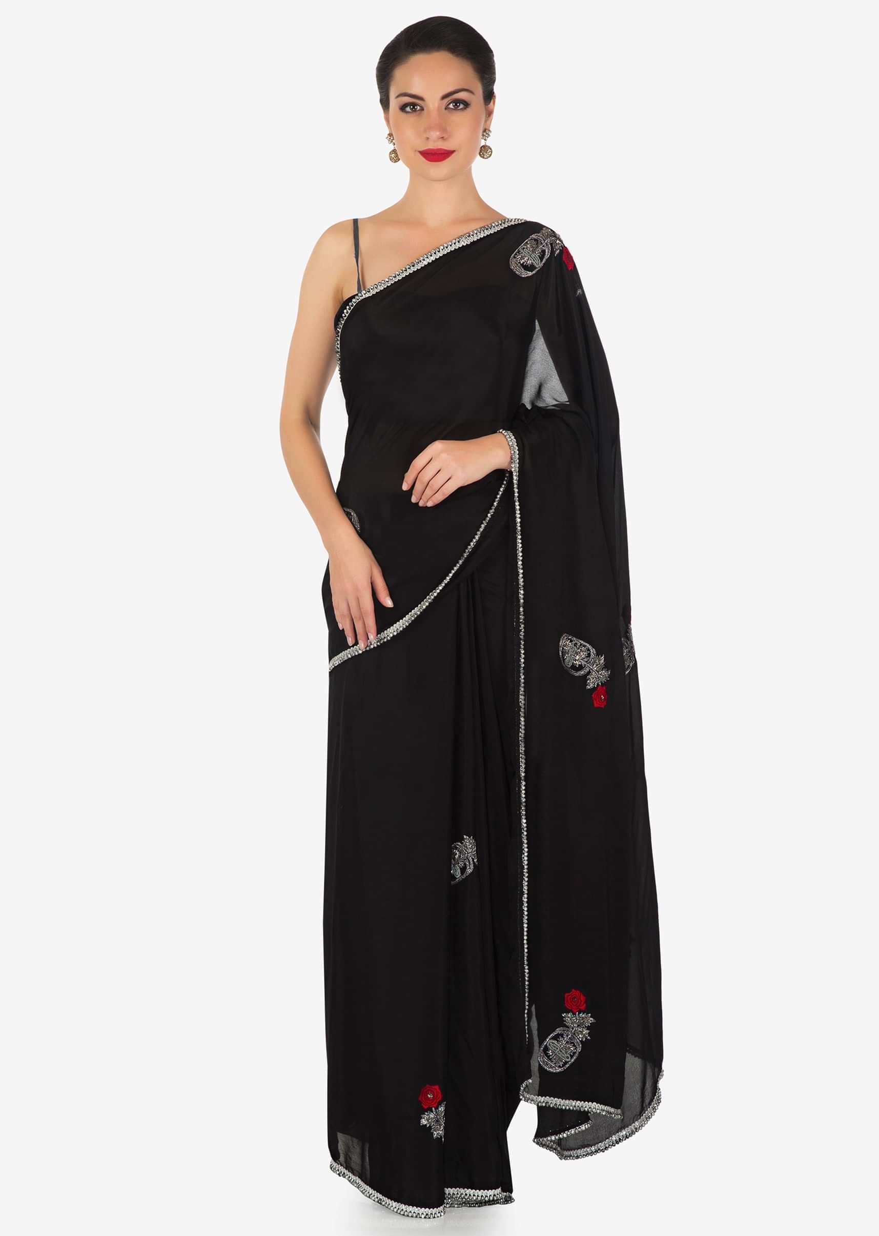 Black saree in chiffon satin with resham and cut dana embroidered butti in rose motif
