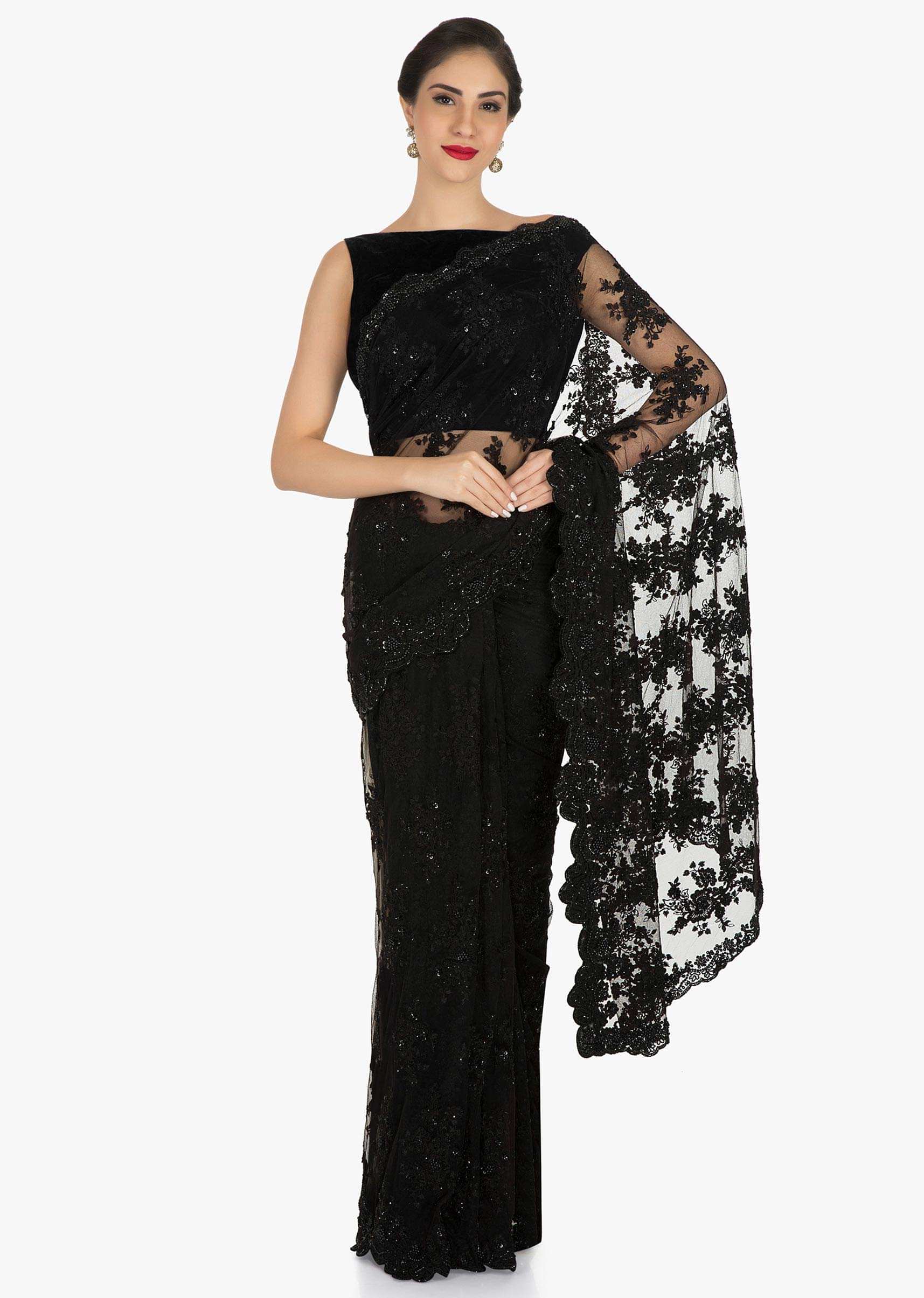 Black Saree In Embroidered Net Beautified In Floral Motifs With Resham And Moti Work Online - Kalki Fashion