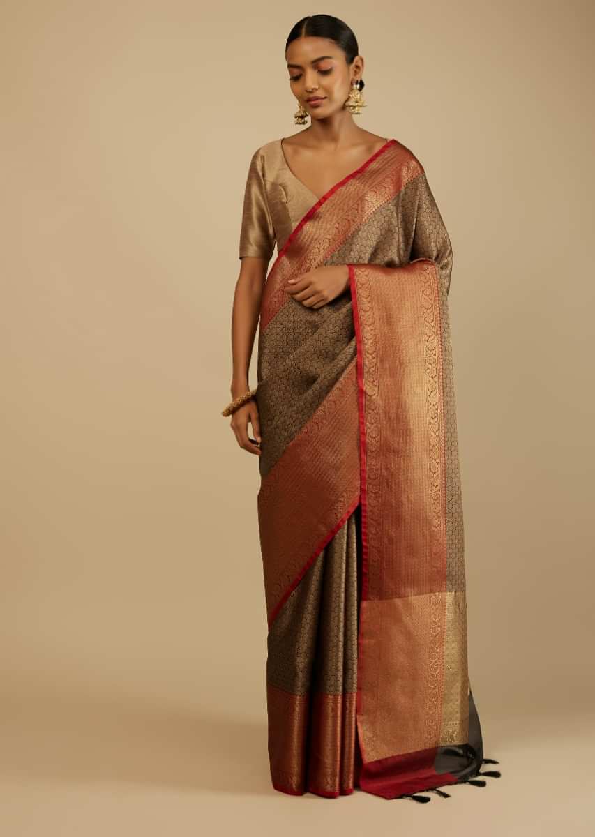Black Saree In Organza Silk With Deep Gold Brocade Woven Scalloped Floral Jaal Design And Unstitched Blouse  