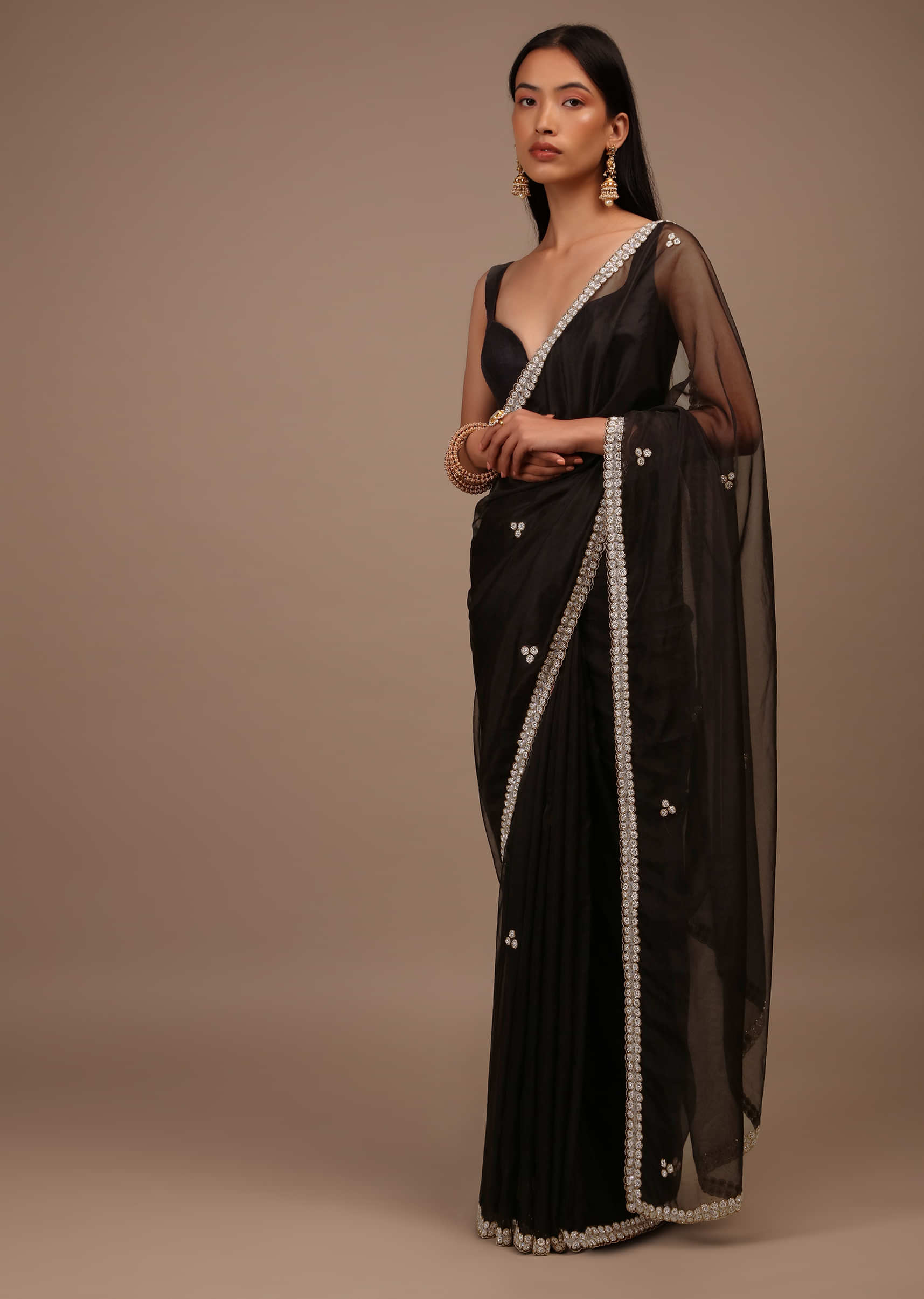 Black Saree In Organza With Hand Embellished Cut Dana And Moti Detailing On The Border