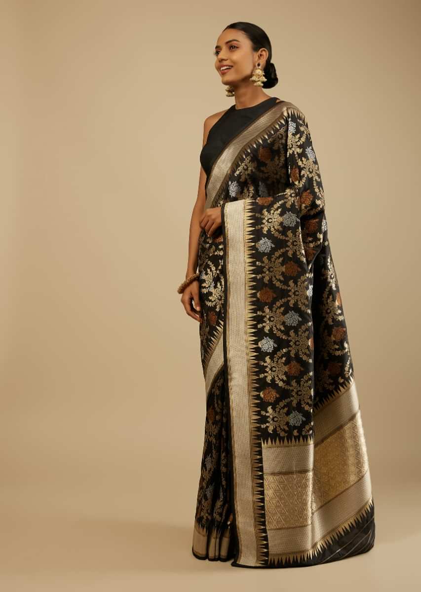 Black Saree In Art Handloom Silk With Three Toned Woven Floral Jaal, Geometric Motifs On The Pallu And Unstitched Blouse  