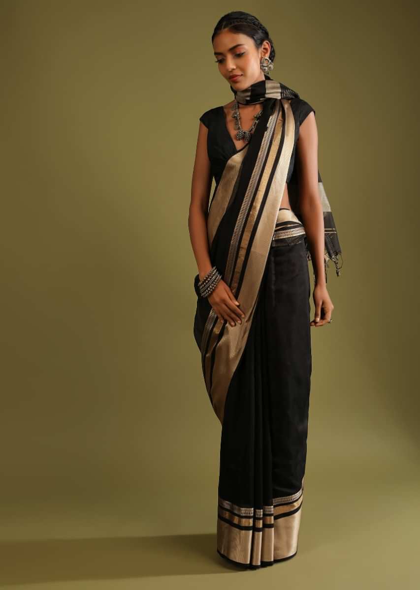 Black Saree In Tussar Silk With Golden Woven Border And Grey And Gold Stripes On The Pallu  