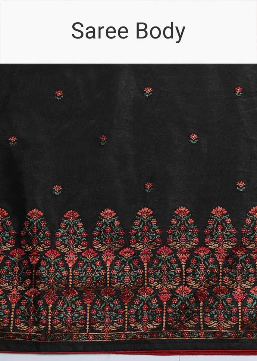 Black Saree With Colorful Resham Embroidered Floral Design On The Border And Butti Work