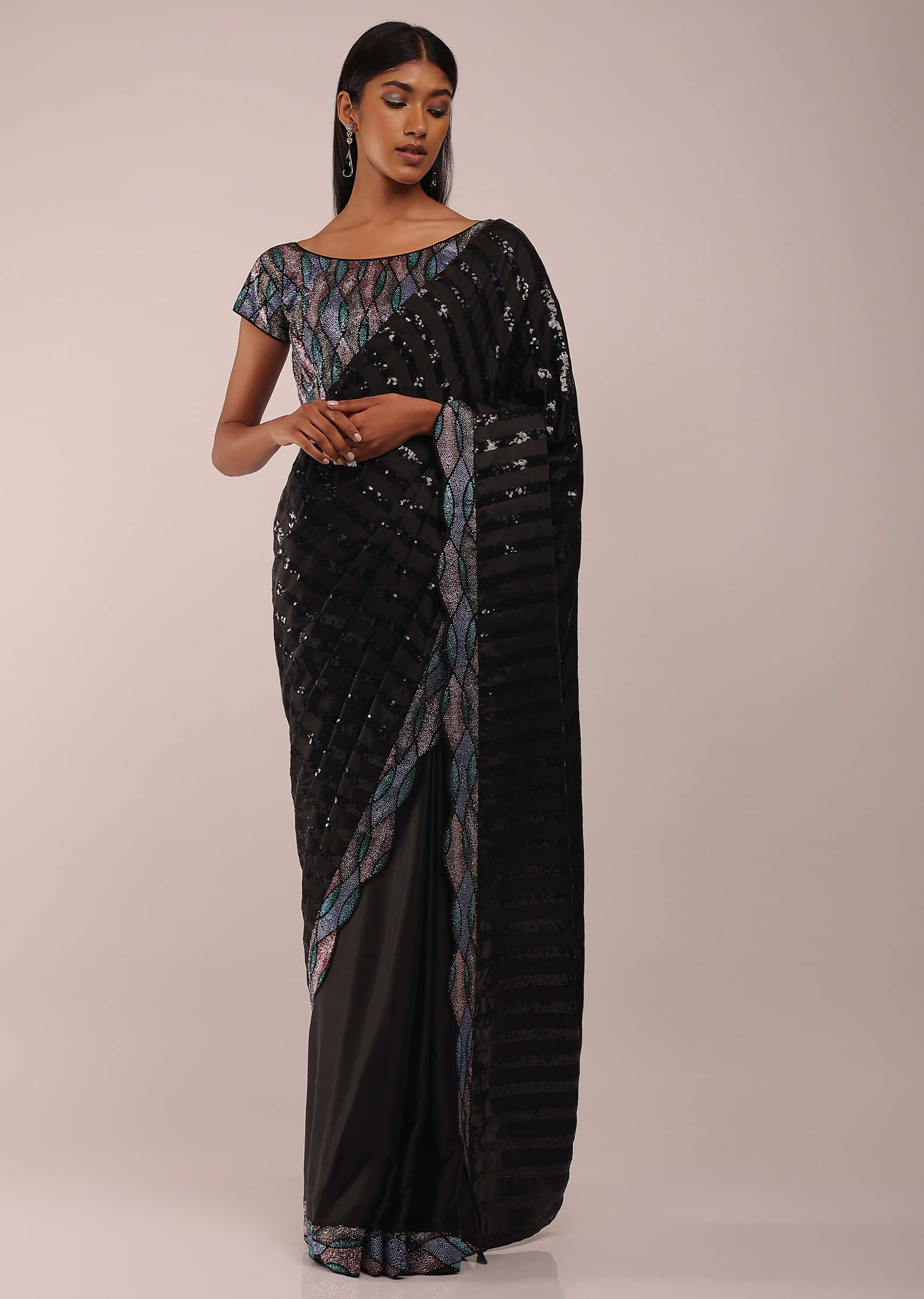 Black Satin Sequins Saree With Multi-Color Beads And Stones Embellishment In Sea Waves Design On The Pallu Border With The Scalloped Cutwork