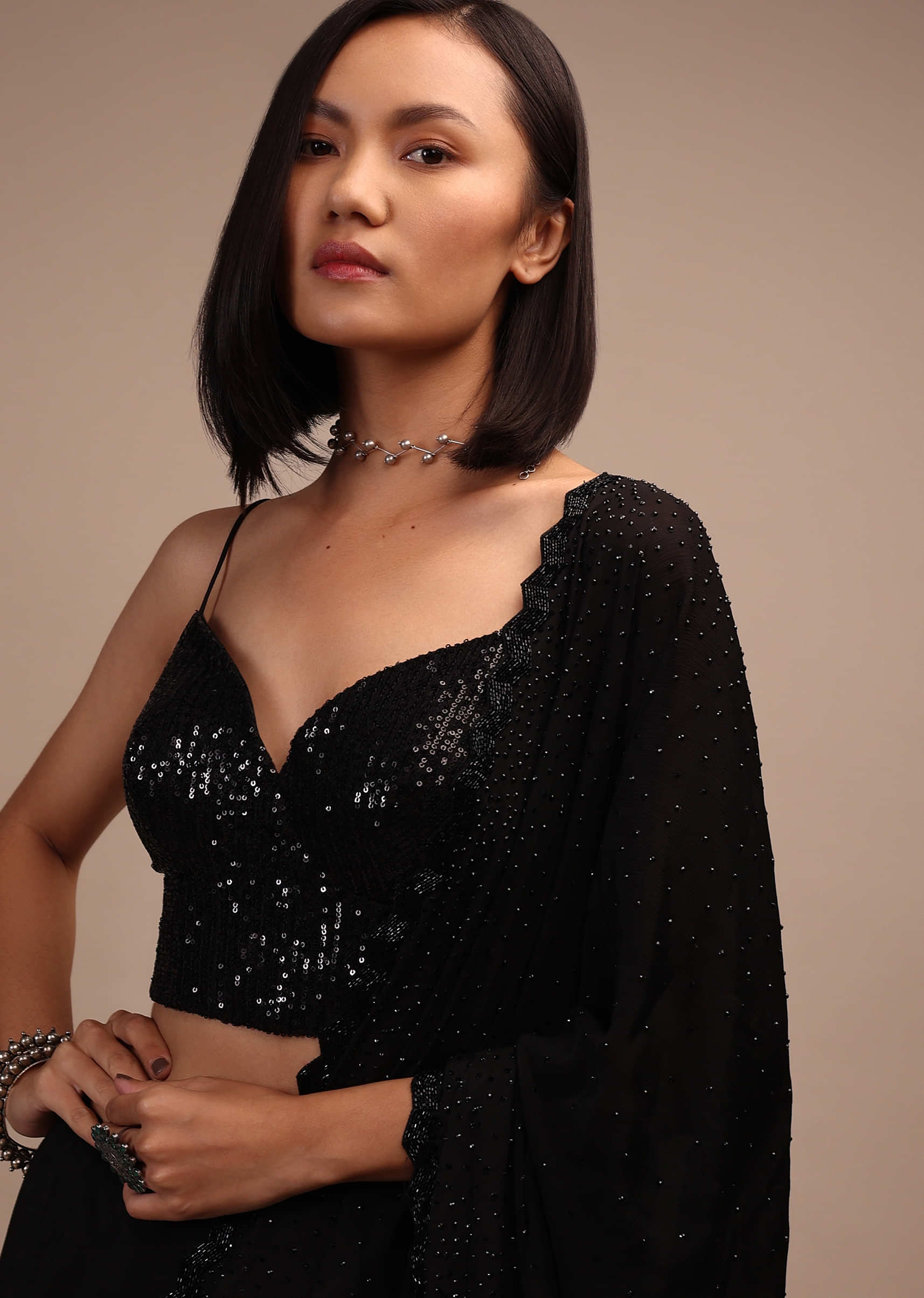 Black Sequin Spaghetti Strap Blouse In A Sweetheart Neckline Straight Hemline With Side Zip Closure