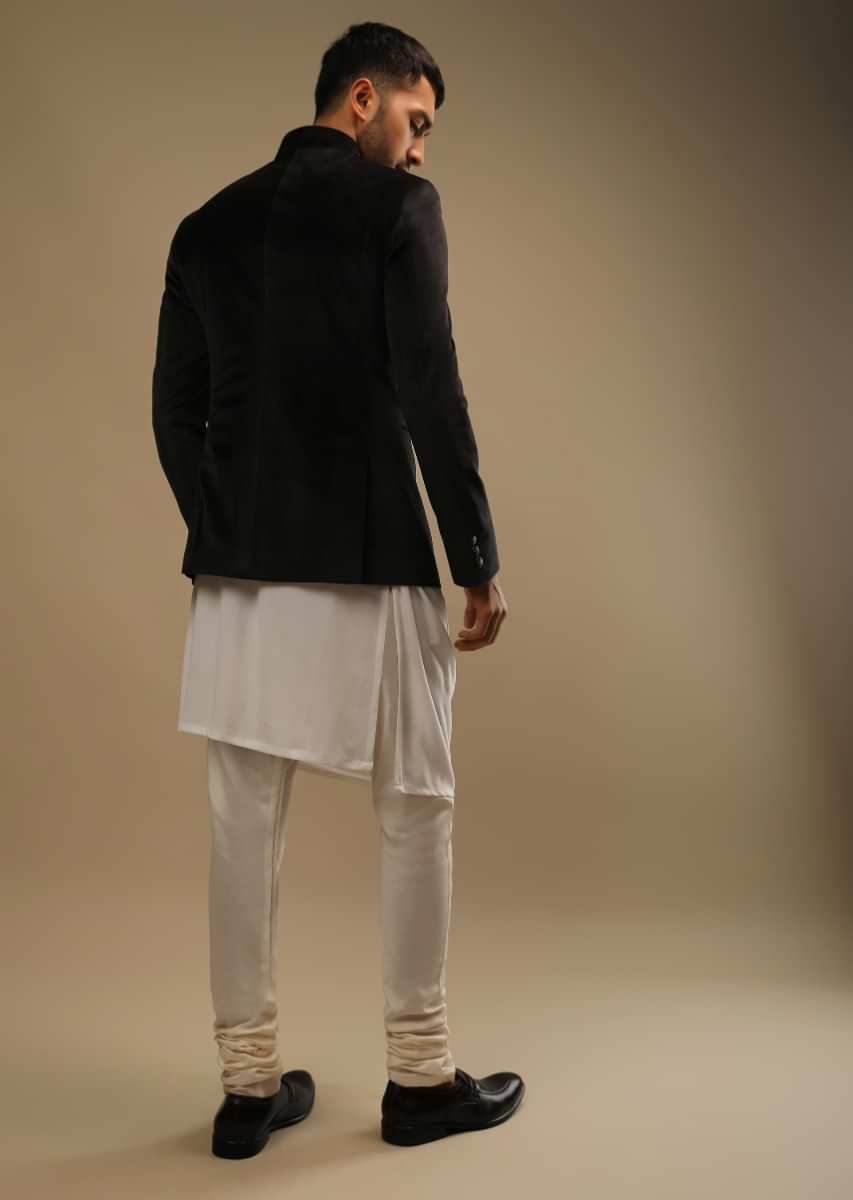 Black Sherwani In Velvet With Self Colored Cut Dana Work And White Cowl Kurta Set  