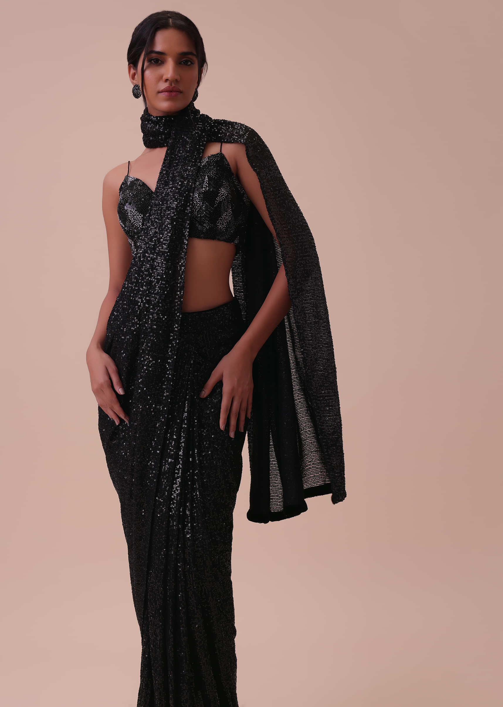 Shadow Black Fusion Pre-stitched Saree – Roopkala Global