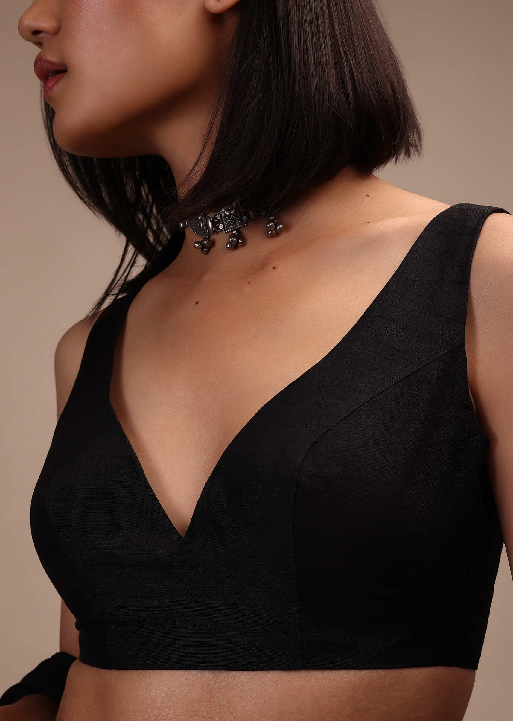 Black Sleeveless Blouse In A High Collar And A Halter Neckline Padded And  Back-Zip Closure