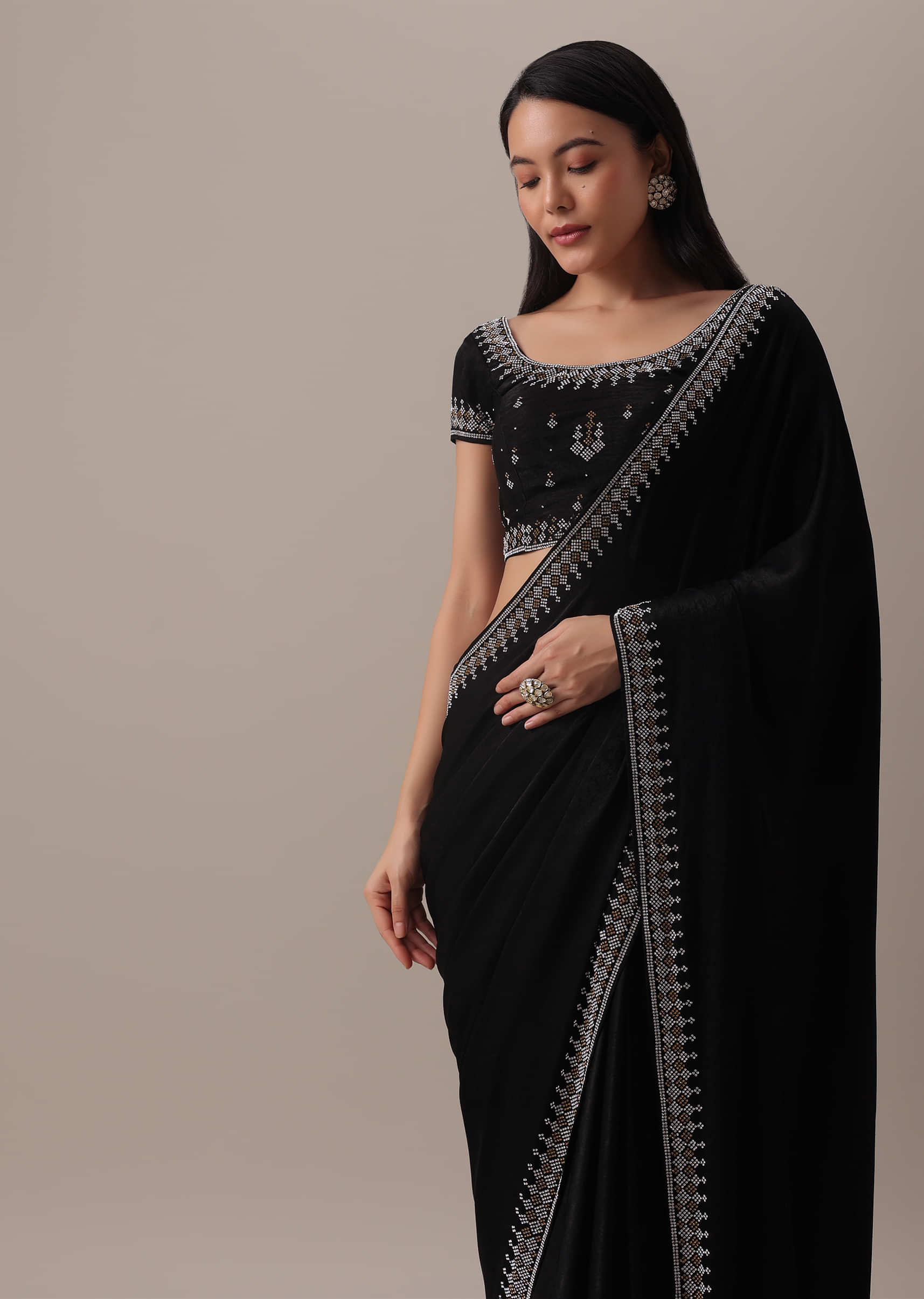 Buy Black Stone Embellished Saree In Satin Kalki Fashion India