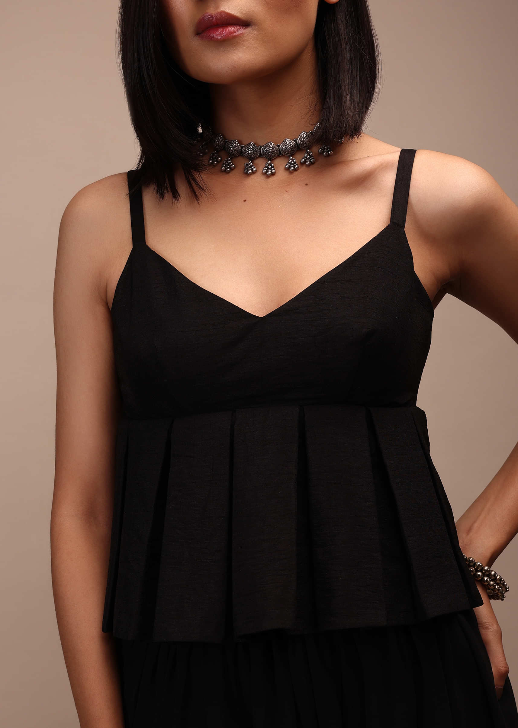 Black Strappy Sleeves Blouse In Raw Silk Pleated Designed And A Back Zip Closure