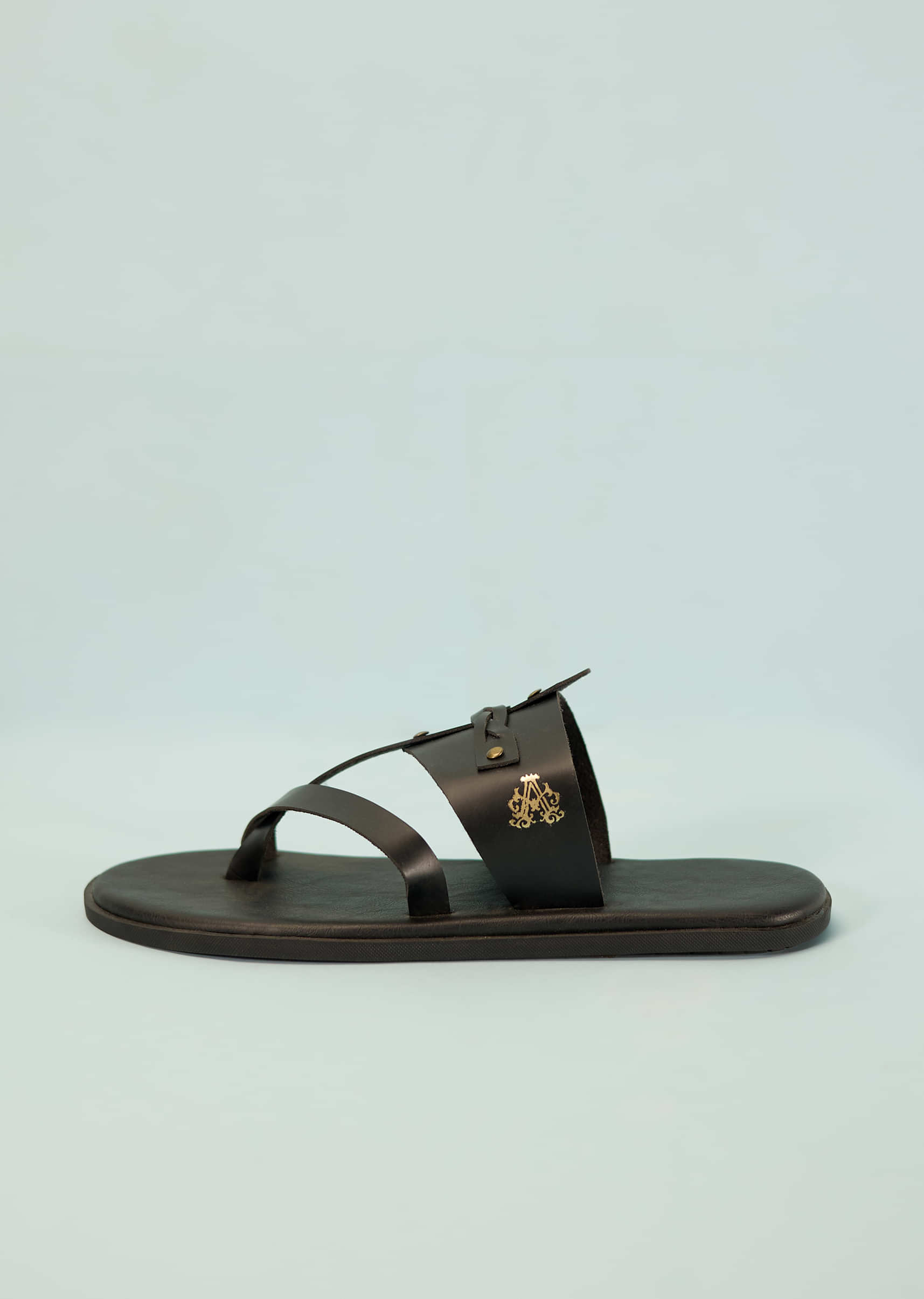 Black Strappy Slides For Men In Leather With Buttons