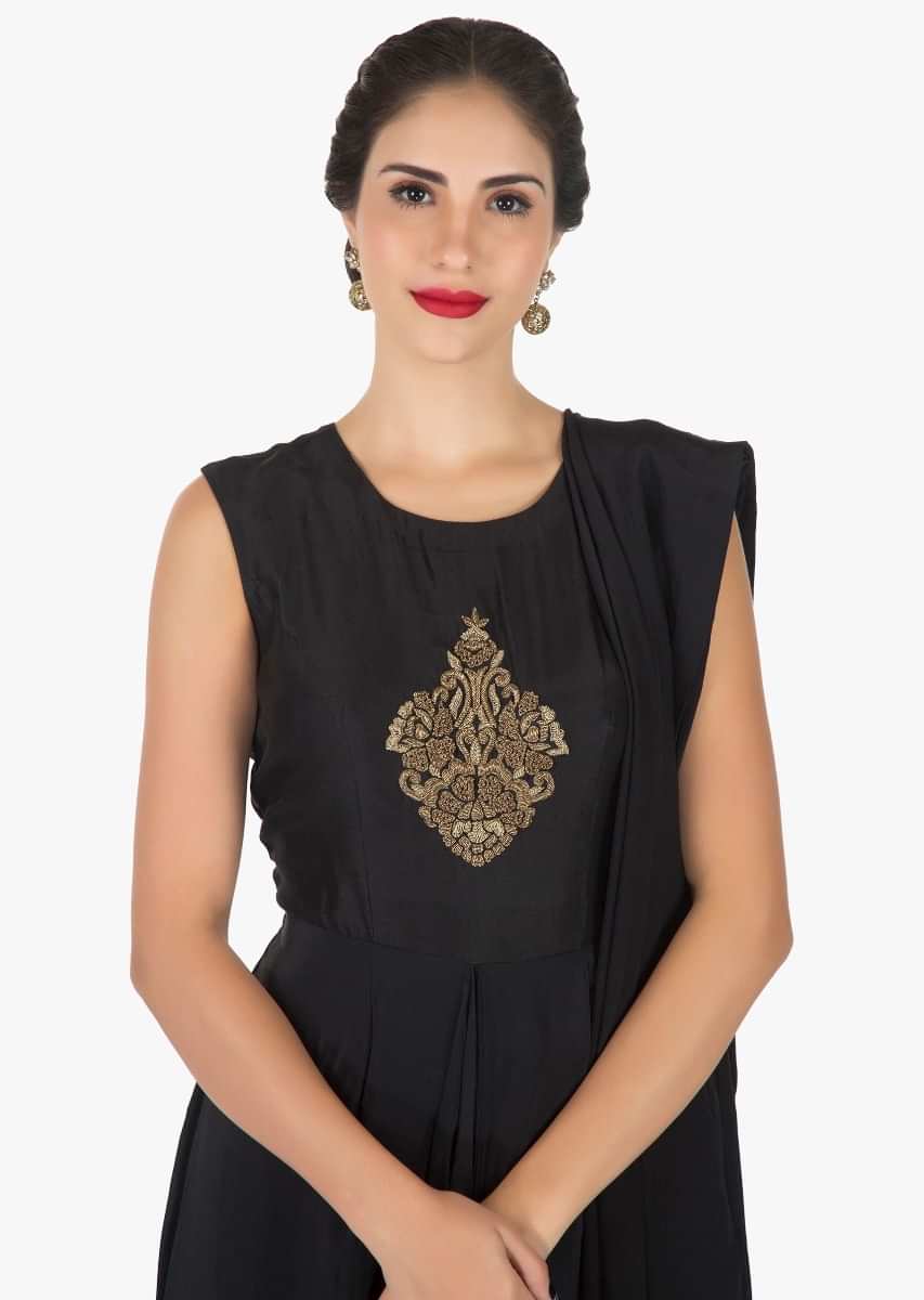 Black tunic in cotton embellished in zardosi flower butti work only on Kalki