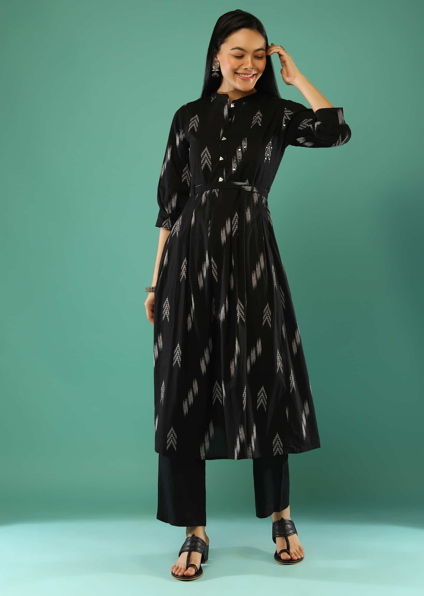 Black Tiered Dress With Ikkat Print And Mock Placket Online - Re By Kalki