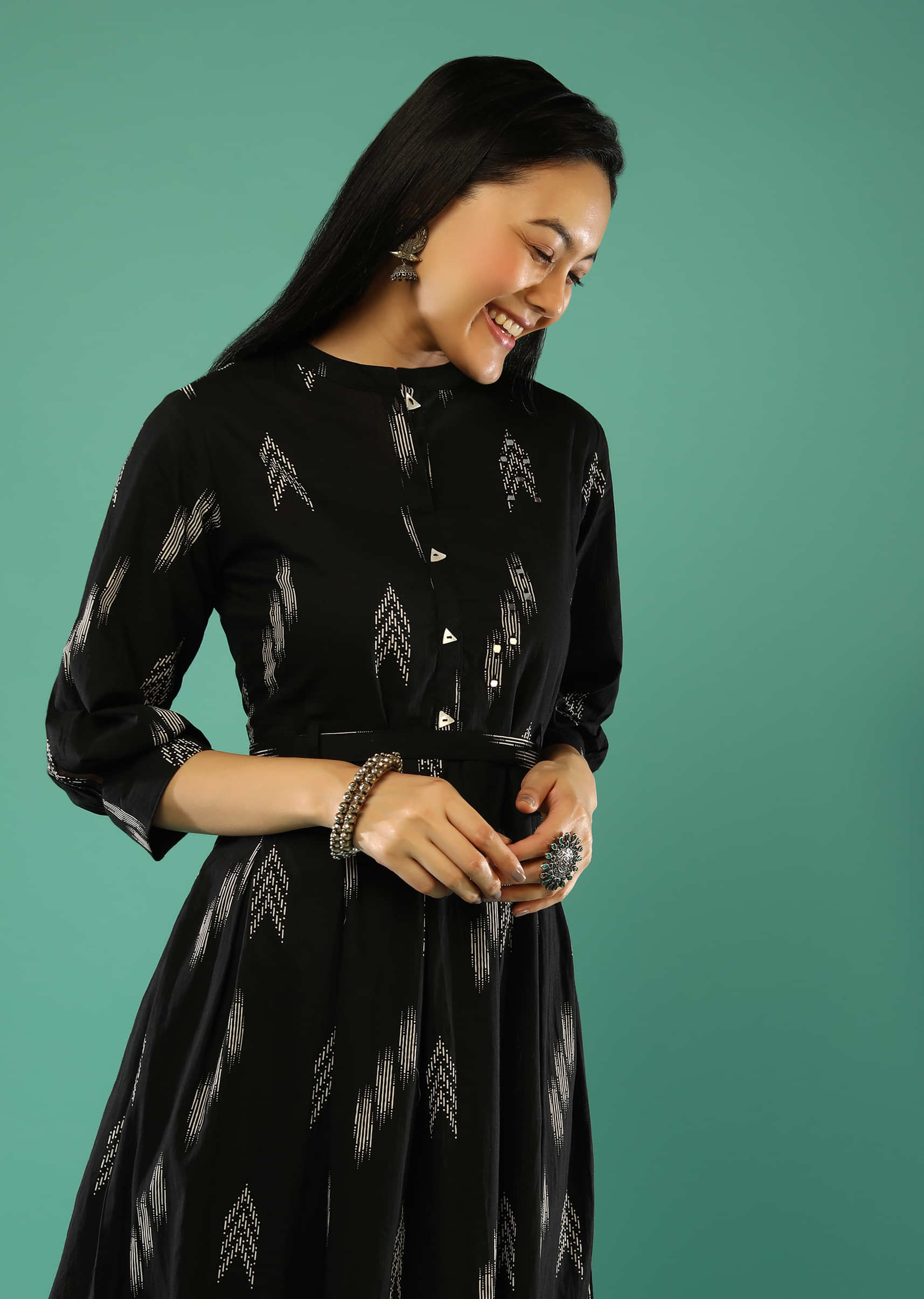 Black Tiered Dress With Ikkat Print And Mock Placket Online - Re By Kalki