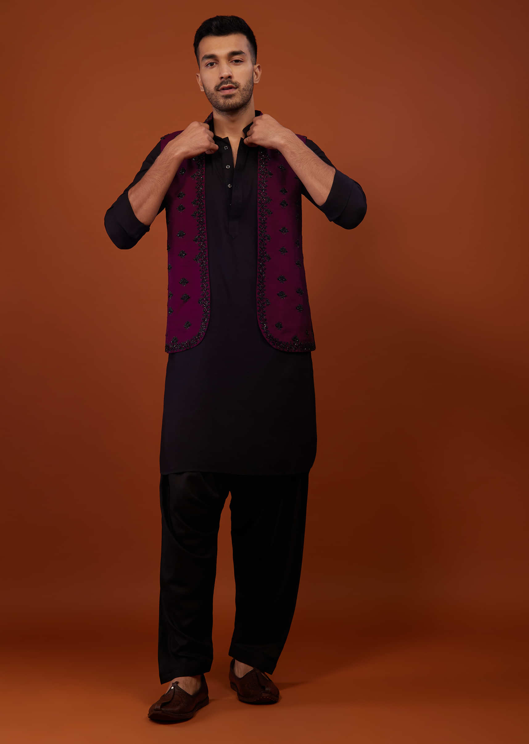 Black With Burgundy Purple Embroidered Cotton Silk Bandi Jacket Set