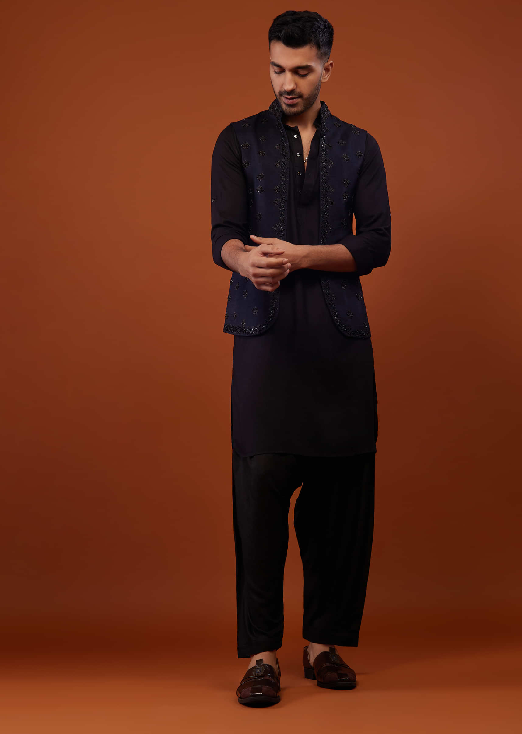 Black With Navy Blue Embroidered Bandi Jacket Set In Cotton Silk