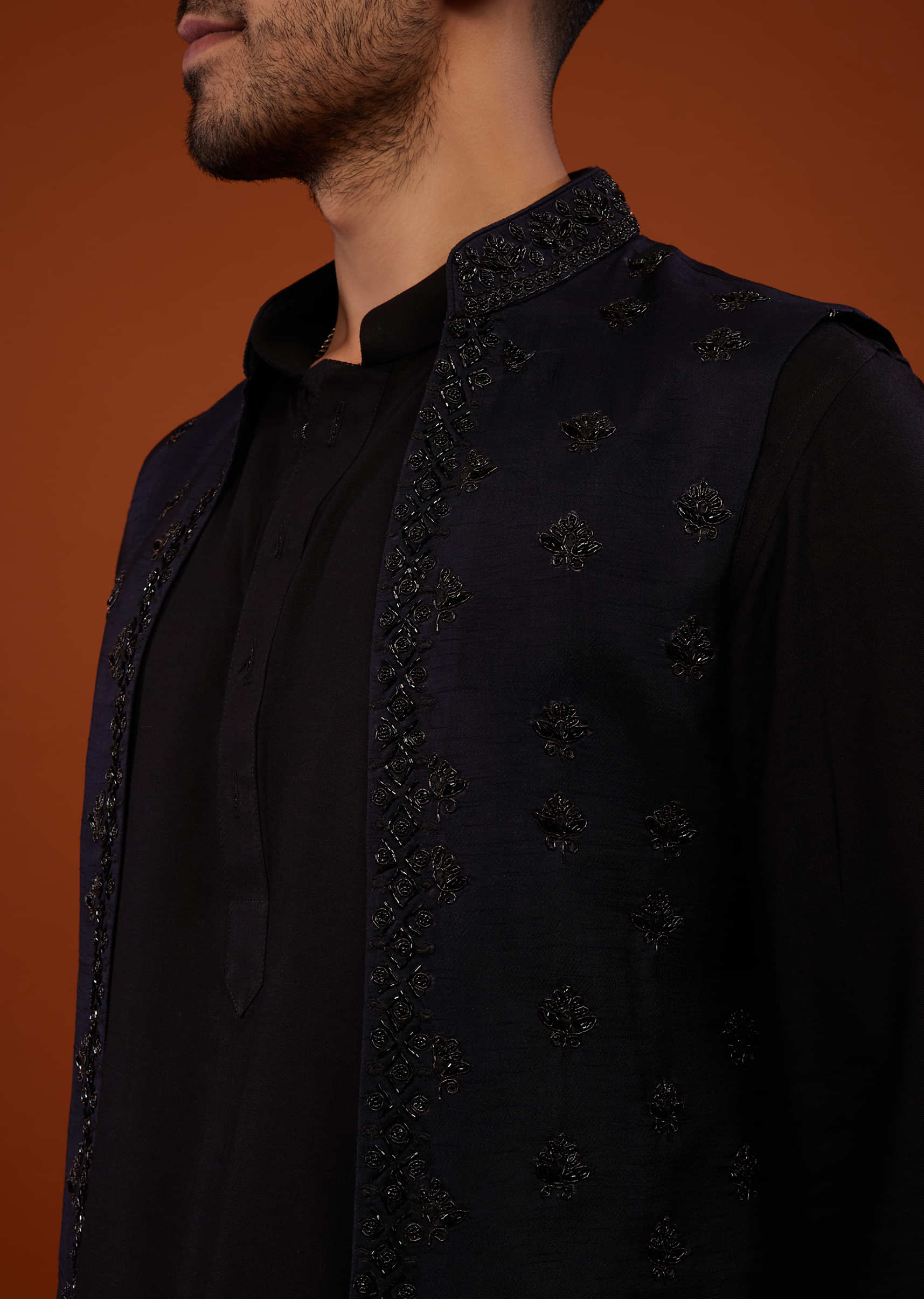 Black With Navy Blue Embroidered Bandi Jacket Set In Cotton Silk