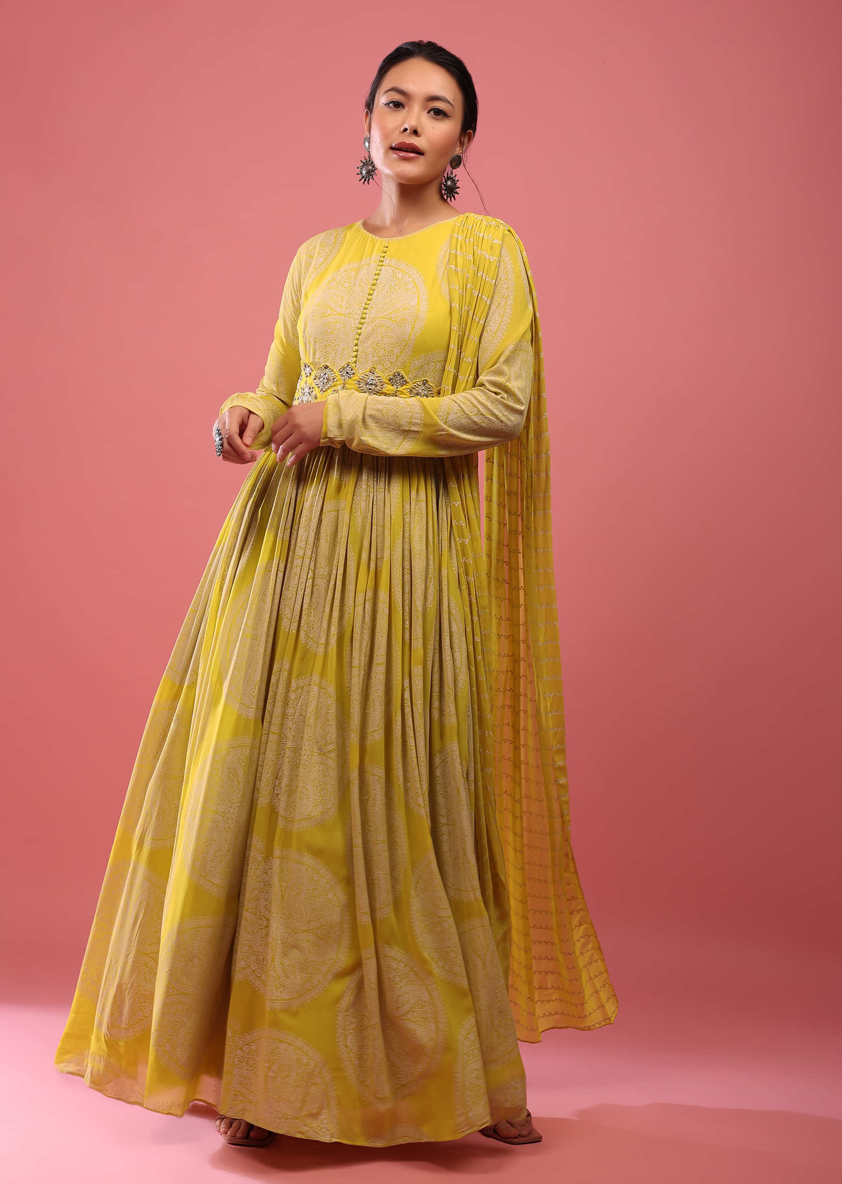 Canary Yellow Anarkali Suit In Georgette With Attached Dupatta And Floral Embroidered Waistbelt