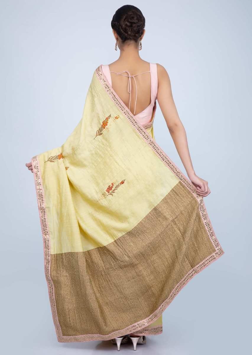 Blond Yellow Saree In Dupion Silk With Floral Weaved Butti And Border Online - Kalki Fashion